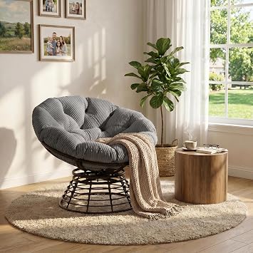 Comfortable 36" Ergonomic Wicker Papasan Chair, 360 Swivel Wicker Accent Chair with Corduroy Fabric Cushion, Ideal for Living Room, Bedroom, Reading Room, Grey