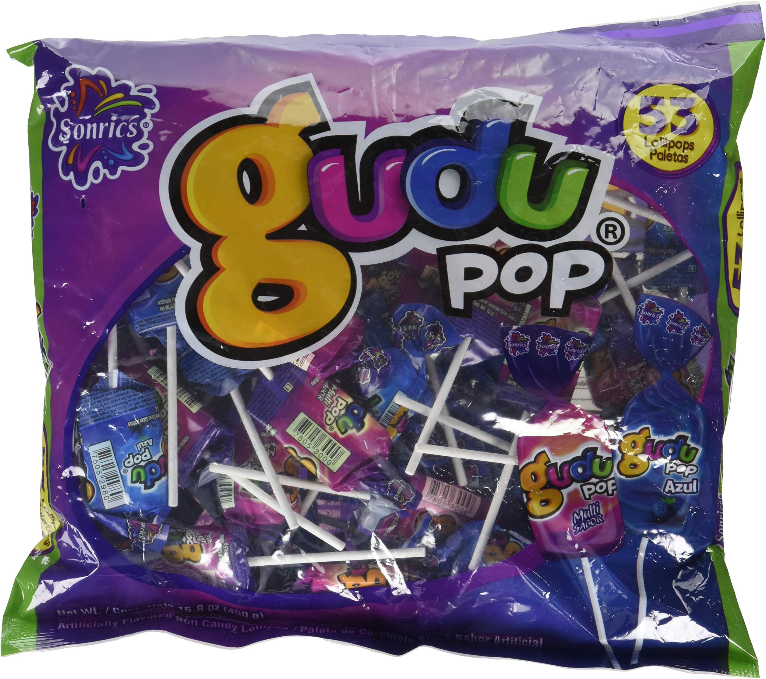 Sonrics Gudu Pop Mix Soft Candy Mexican Lollipops. 15.8 oz Bag of Gudu Pop Azul and Multi Sabor.