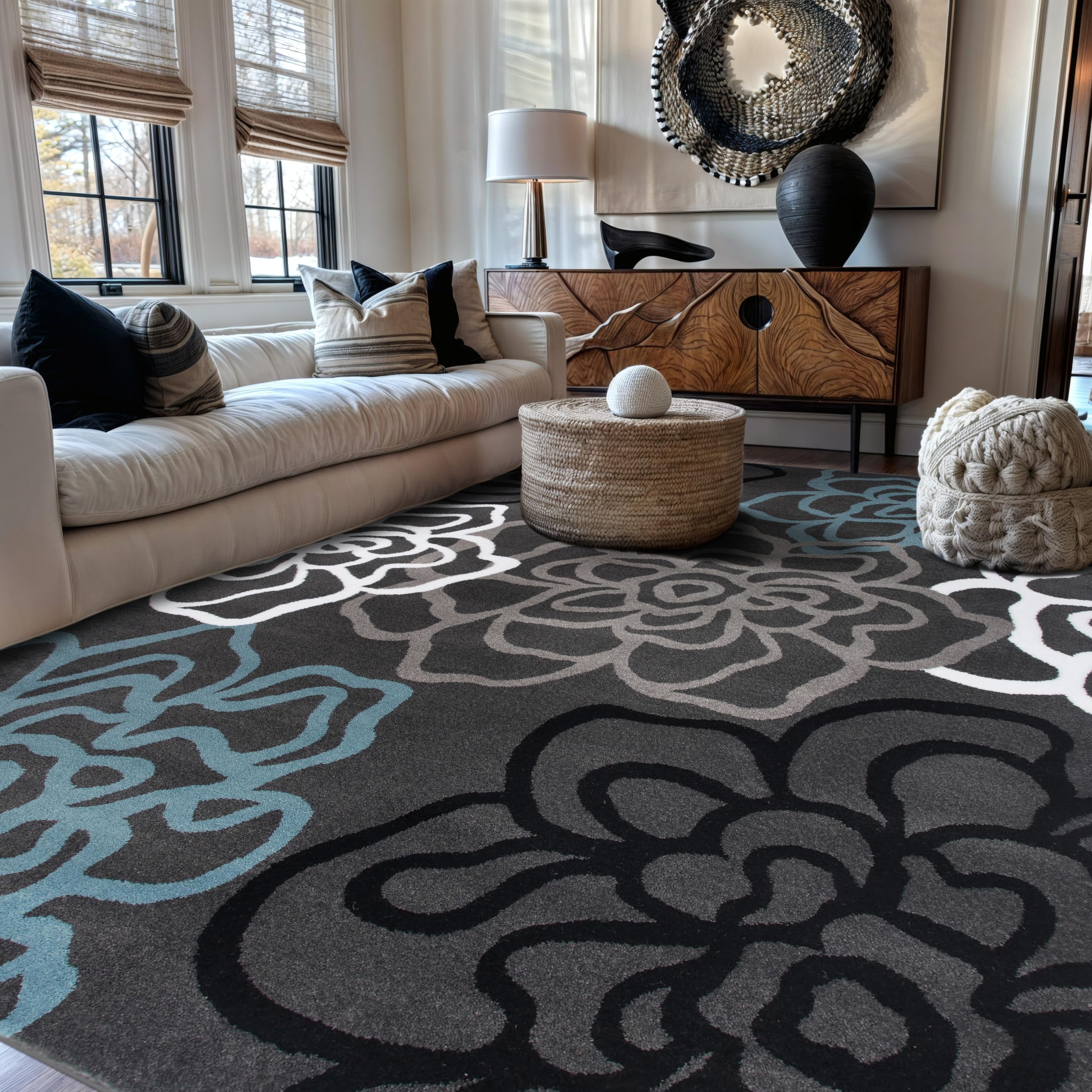 Rugshop Contemporary Modern Floral Abstract Flowers Easy Maintenance for Home Office, Living Room, Bedroom, Kitchen Soft Area Rug 7'10" x 10'2" Gray