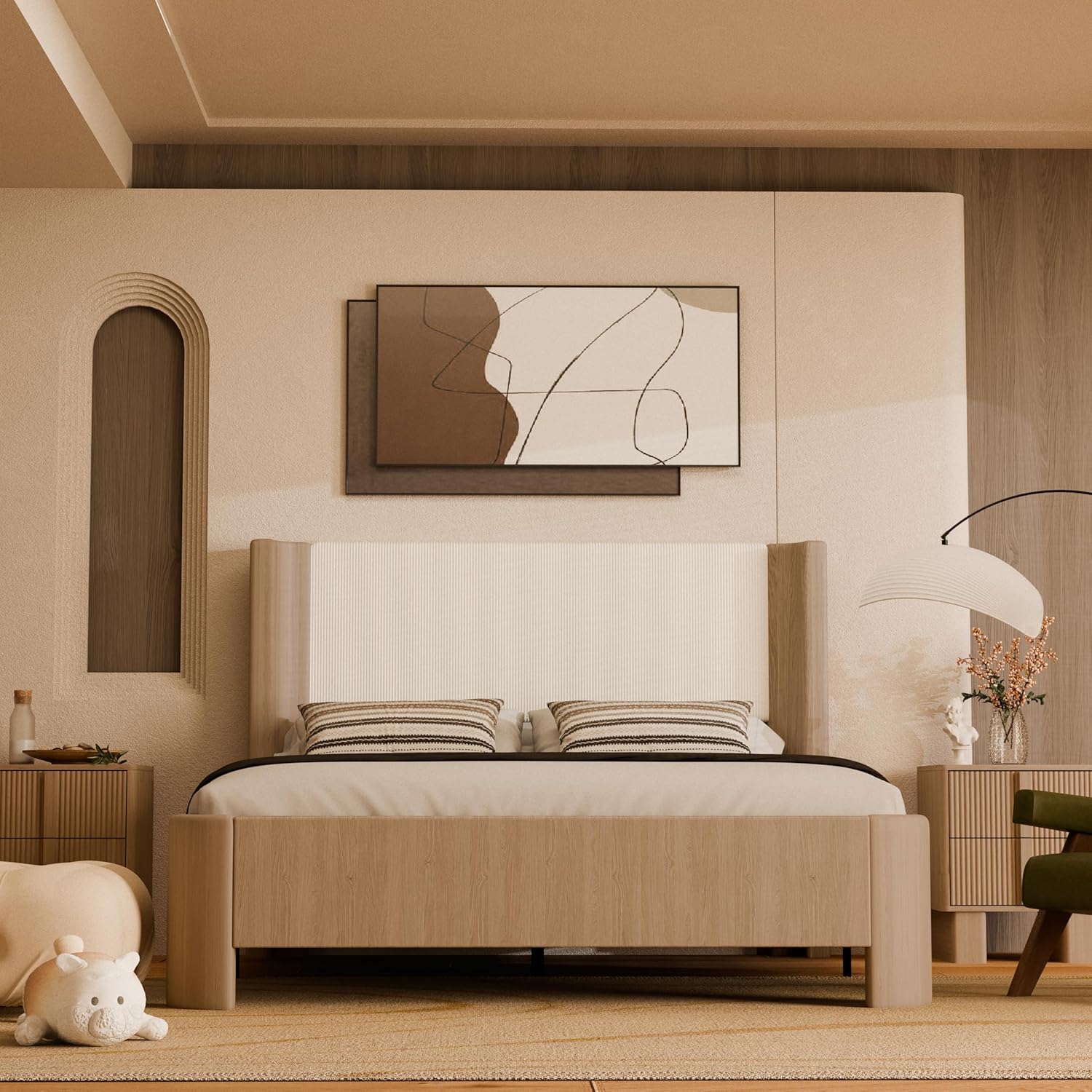 Upholstered Bed Frame with Wingback Headboard, Upgraded Platform Bed with Integrated LED Lighting, 9-Point Support Base, Simplified Assembly, PU Leather, Natural Oak, Queen Natual Oak Queen (U.S. Standard)