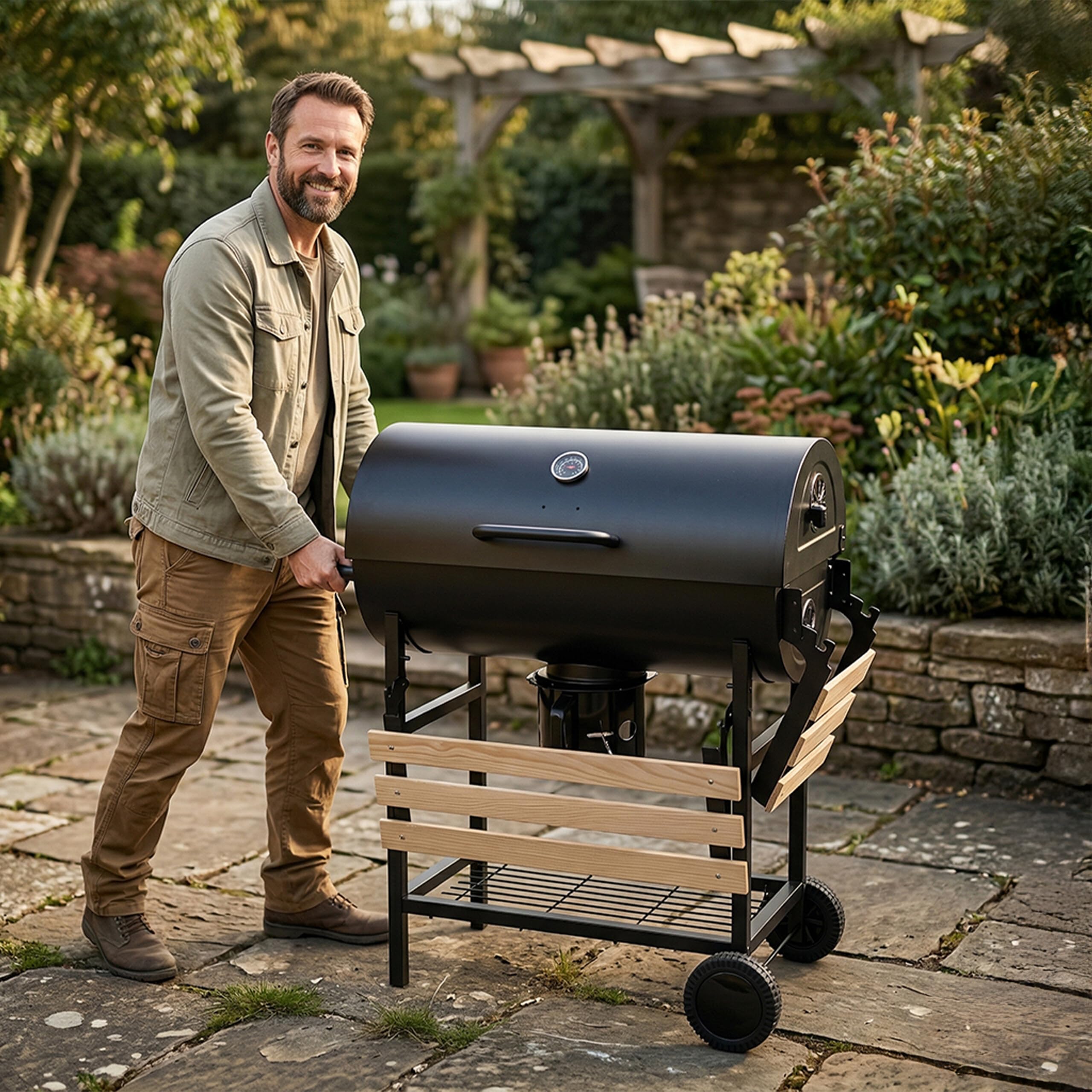 Barbecue a Carbone Relaxdays con Coperchio e termometro, 95x114,5x69 cm, Acciaio Verniciato a Polvere, Carrello