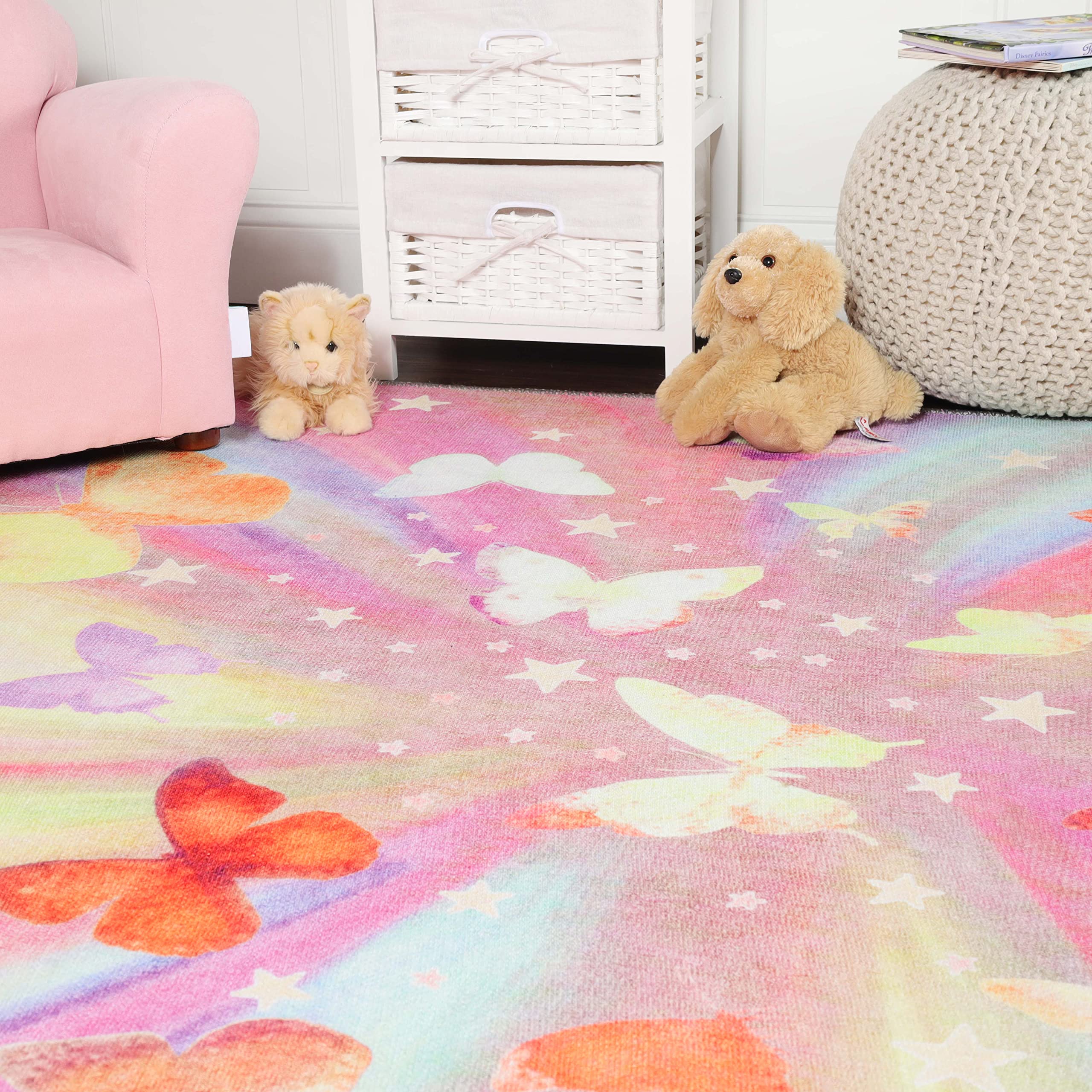 SUPERIOR Kids Indoor Area Rug, Butterfly Floor Decor for Nursery, Kids Bedrooms, Play Room Decorations, Soft, Washable Rugs, Colorful Throw, Cute Bedroom Accessories, 4' x 6', Apricot