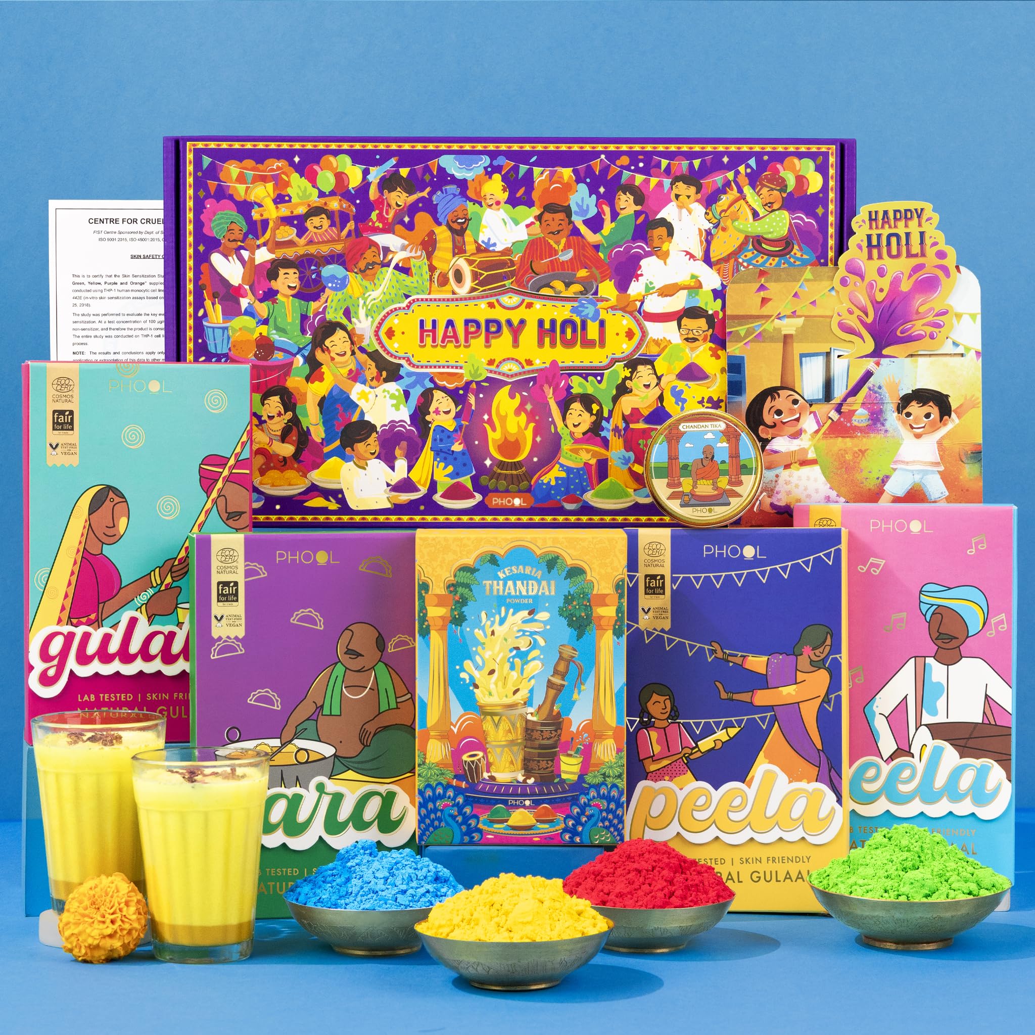 Phool Holi Chak Dhoom Giftbox 2026 | SBS Natural Gulaal Pack of 4 (Pink Yellow Green Blue) 100g Each | Thandai Powder + Chandan Tika 50g | Holi Gift Hamper with Skin Safety Certificate & Greeting Card