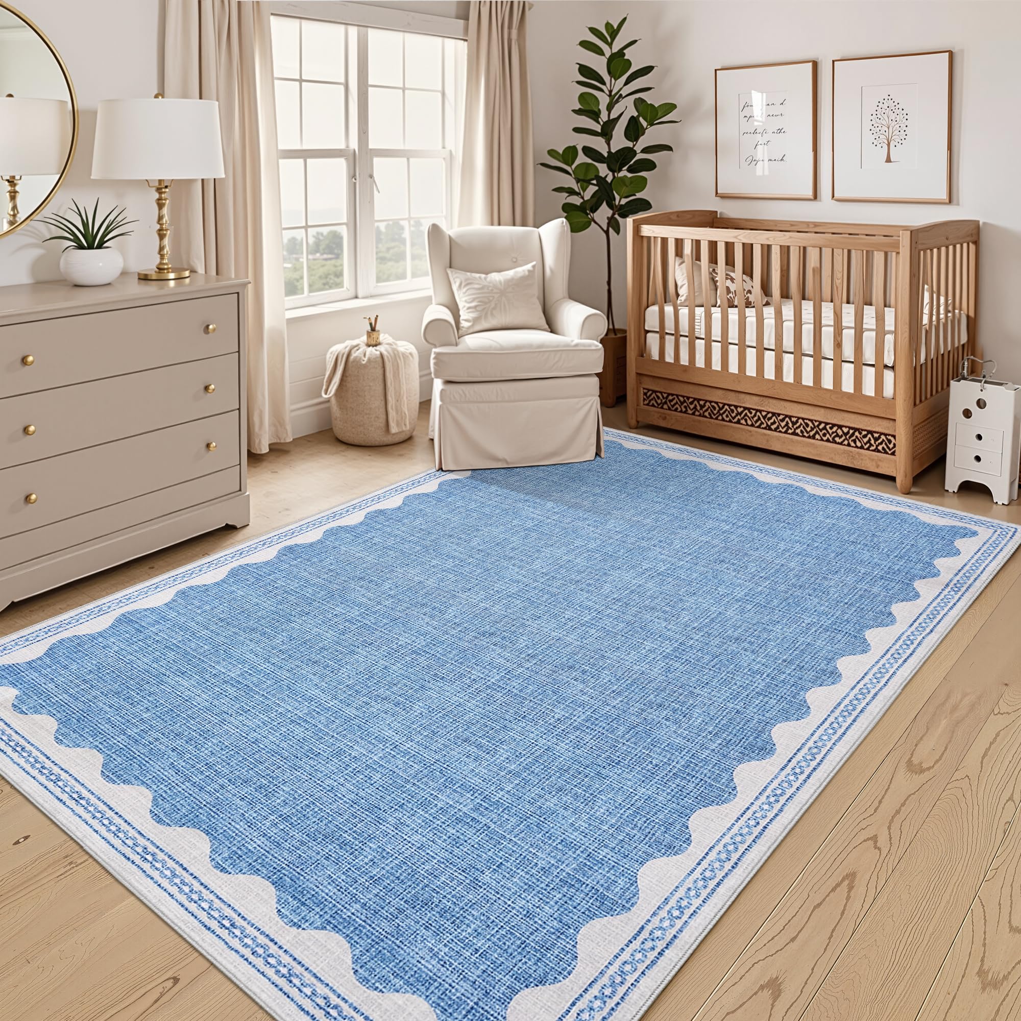 Modern Area Rugs Living Room 120x170cm Washable Kitchen Rug Non Slip, Low Pile Stain Resistant Scalloped Indoor Carpet, Foldable Sofa Throw for Dining Room, Office, Blue โ image 1