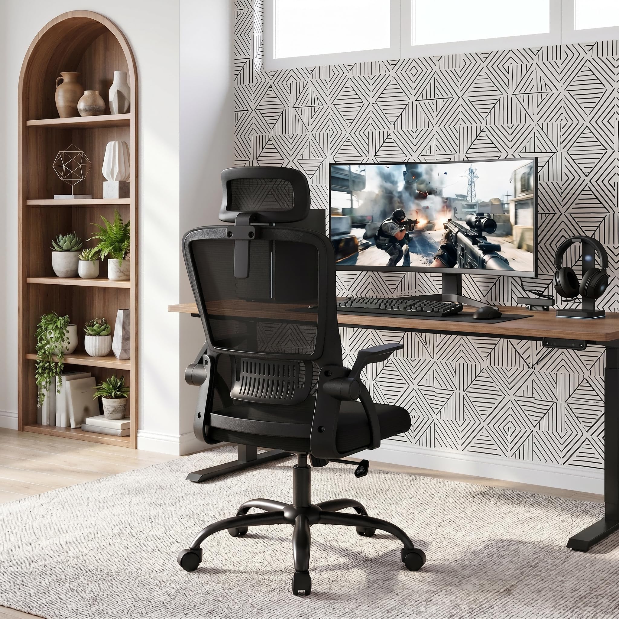 XMTECH Bürostuhl Mesh-Netzrücken klappbare Armlehnen 120kg Homeoffice | Atmungsaktives Mesh, 8 cm Polster, Sitzhöhe 43–51 cm, 105° Wippfunktion, ideal als Schreibtischstuhl, Drehstuhl, Schwarz