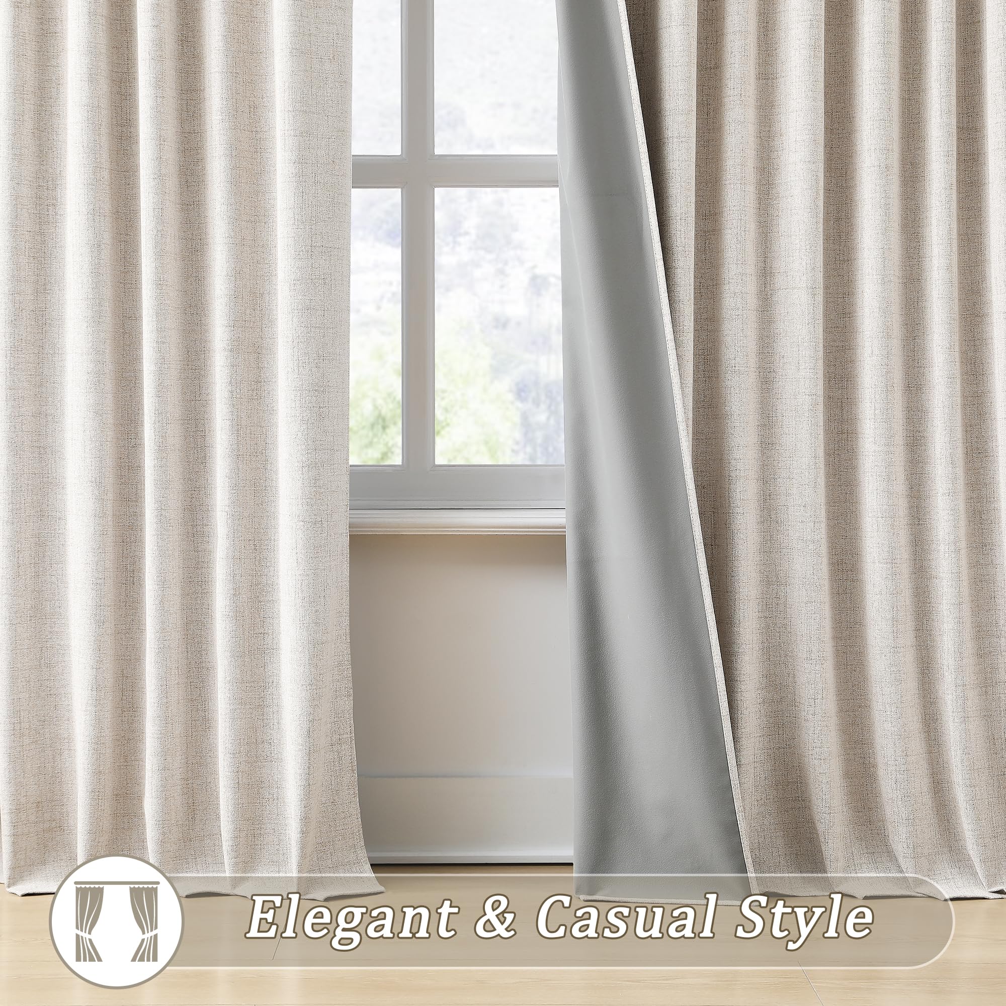 RAIN CITY Cortinas opacas de lino beige para dormitorio, 84 pulgadas de largo, 50 pulgadas de ancho, 2 unidades | Cortinas transversales estéticas de mezcla de lino con bloqueo de calor y frío para sala de estar, tela suave de poliéster