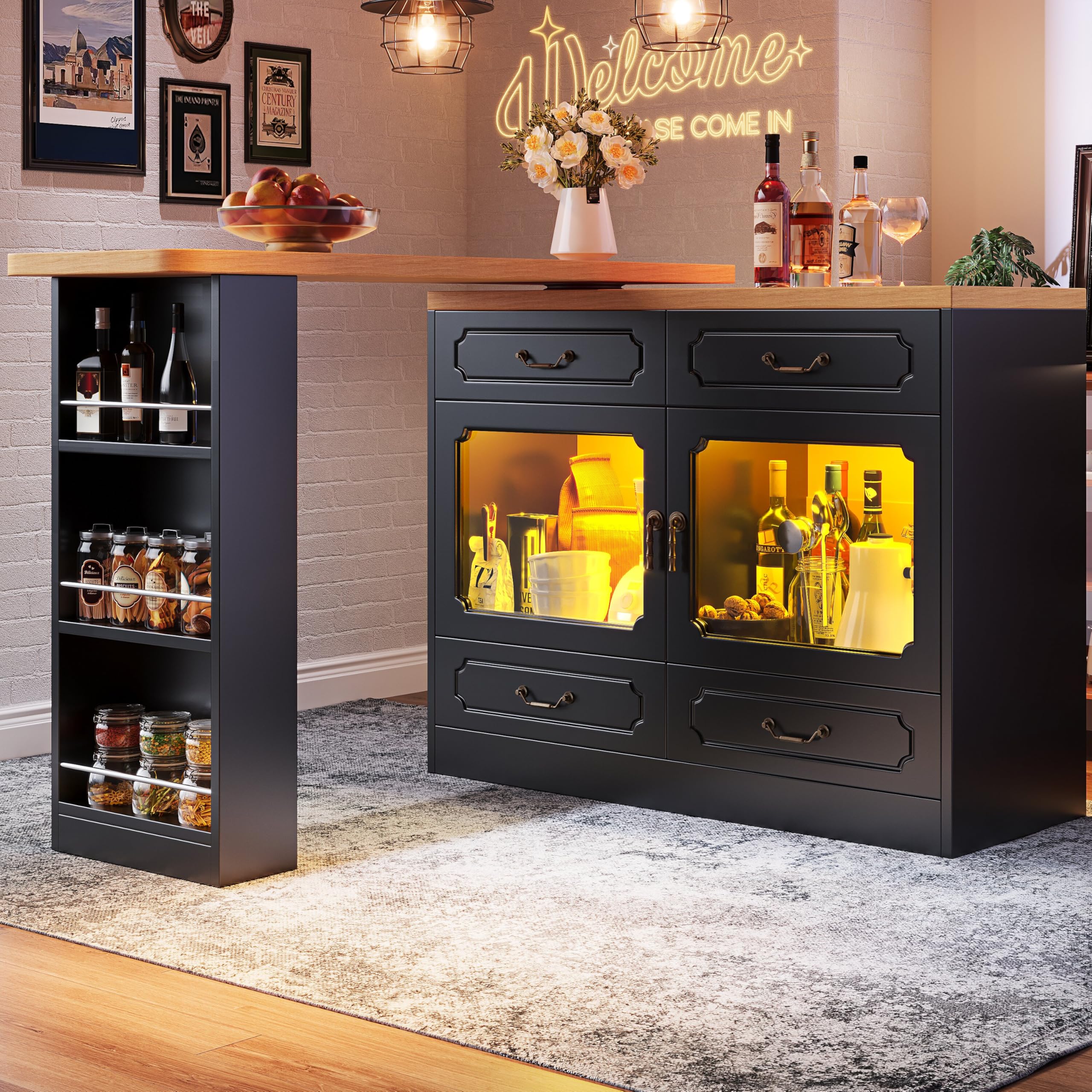 Merax 360° swivelling 3 Tier Dining Bar table, with storage cabinet with 4 drawers, 2 doors, LED lighting, Extendable Table, for Kitchen, Dining Room, Living Room, Black/135-203 x 39 x 92.8 cm