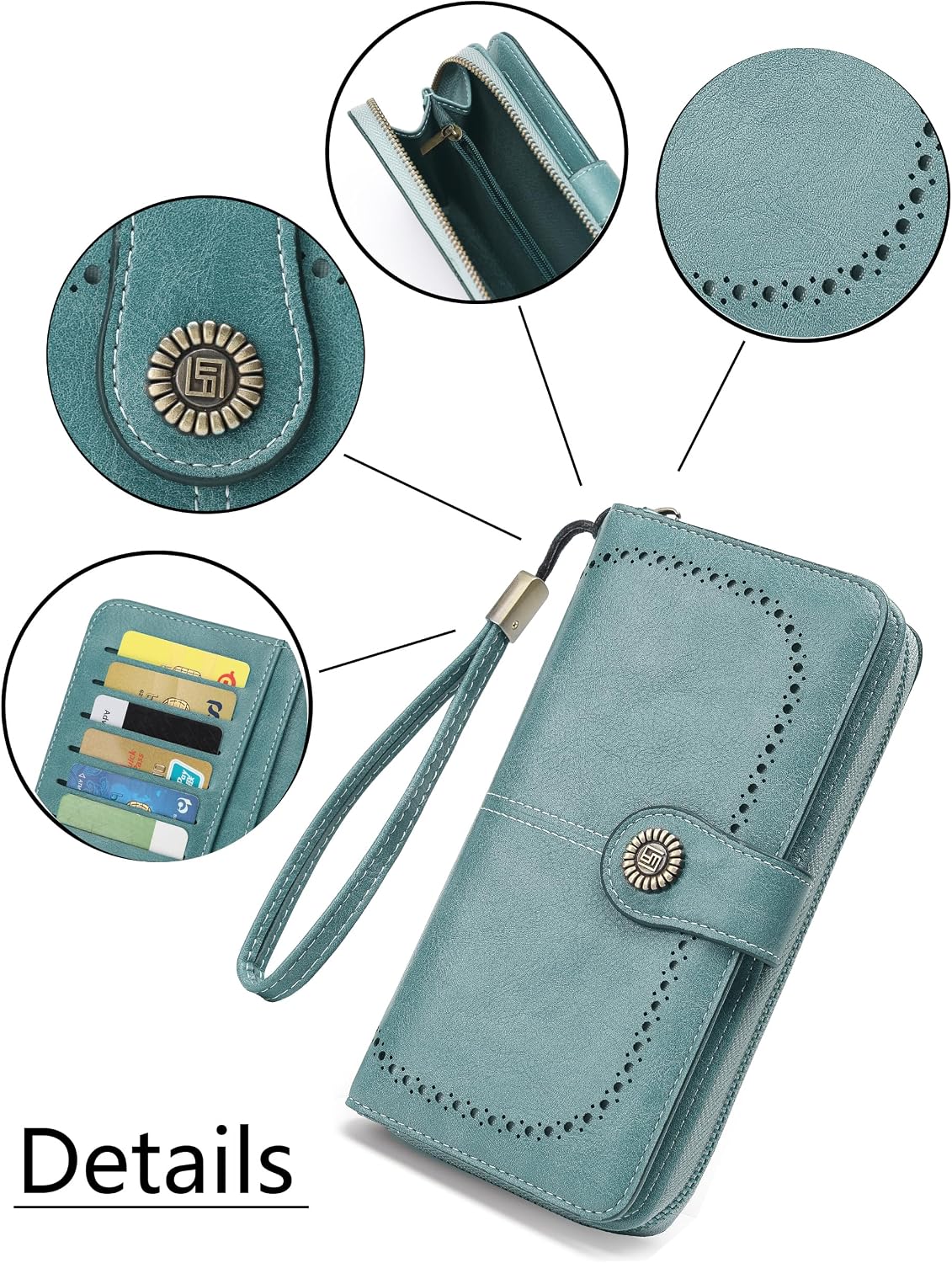 Womens Wristlet Wallet, Large Capacity PU Leather Clutch with 12 Card Slots, ID Window, Zipper Coin Pocket and Strap