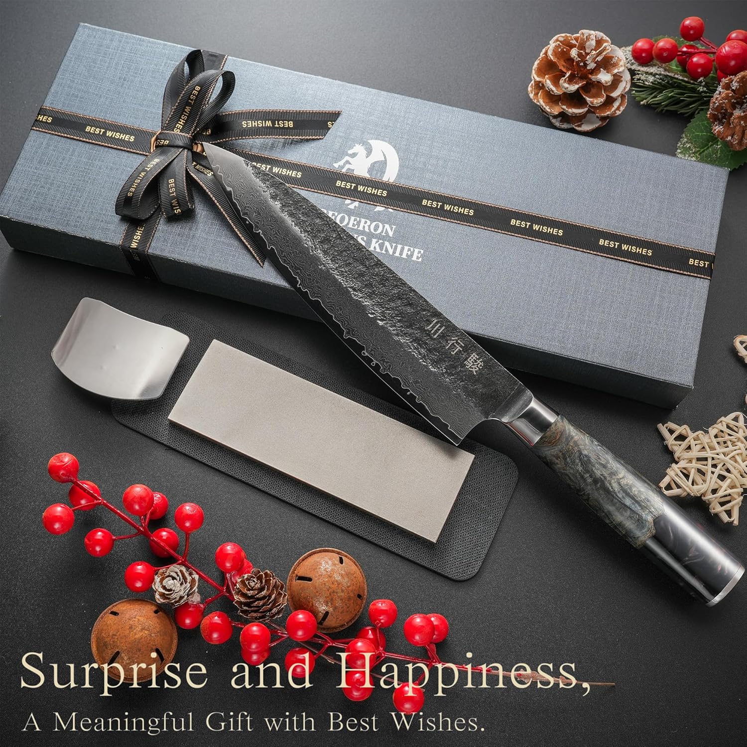 Japanese Chef Knife, 8 Inch VG10 Damascus Kitchen Knife, Professional Black Forged Kitchen Knives with Ergonomic Handle, Sharpening Stone & Luxury Gift box, Perfect Birthday Gifts for Men Women