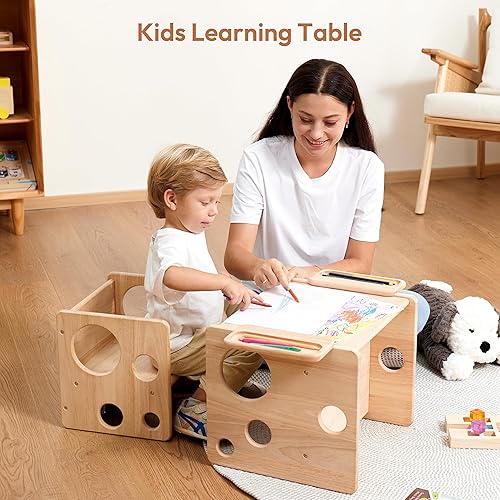 Miniatura 7 de Woodtoe Juego de mesa y silla de destete para niños, juego de mesa y silla Montessori para niños pequeños, mesa de actividades de madera maciza