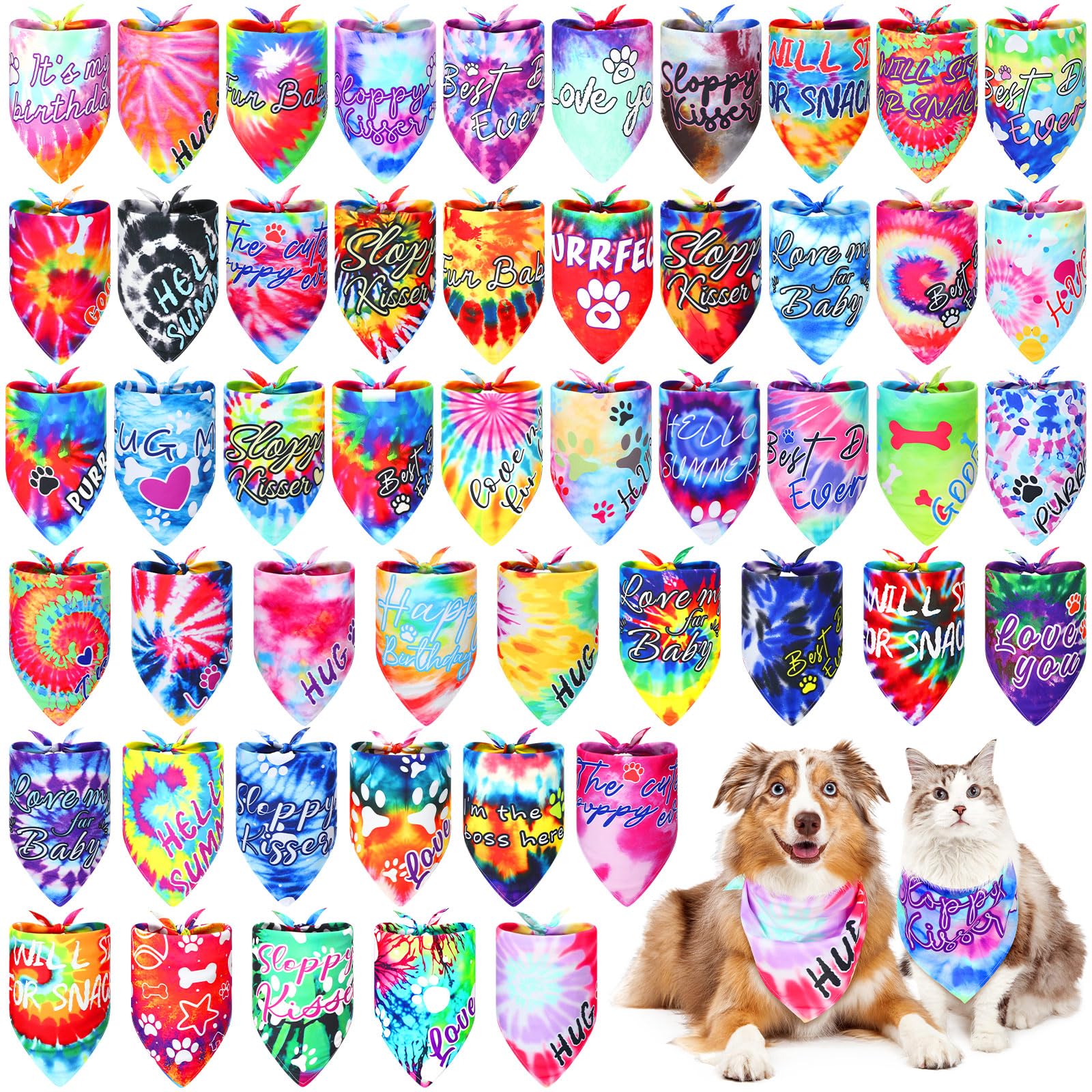 Huhumy 50 Pcs Tie Dye Dog Bandanas Bulk Pet Bibs Colorful Triangle Scarf Tie Dye with Sayings Pet Bandanas for Medium Large Dogs Spring Summer