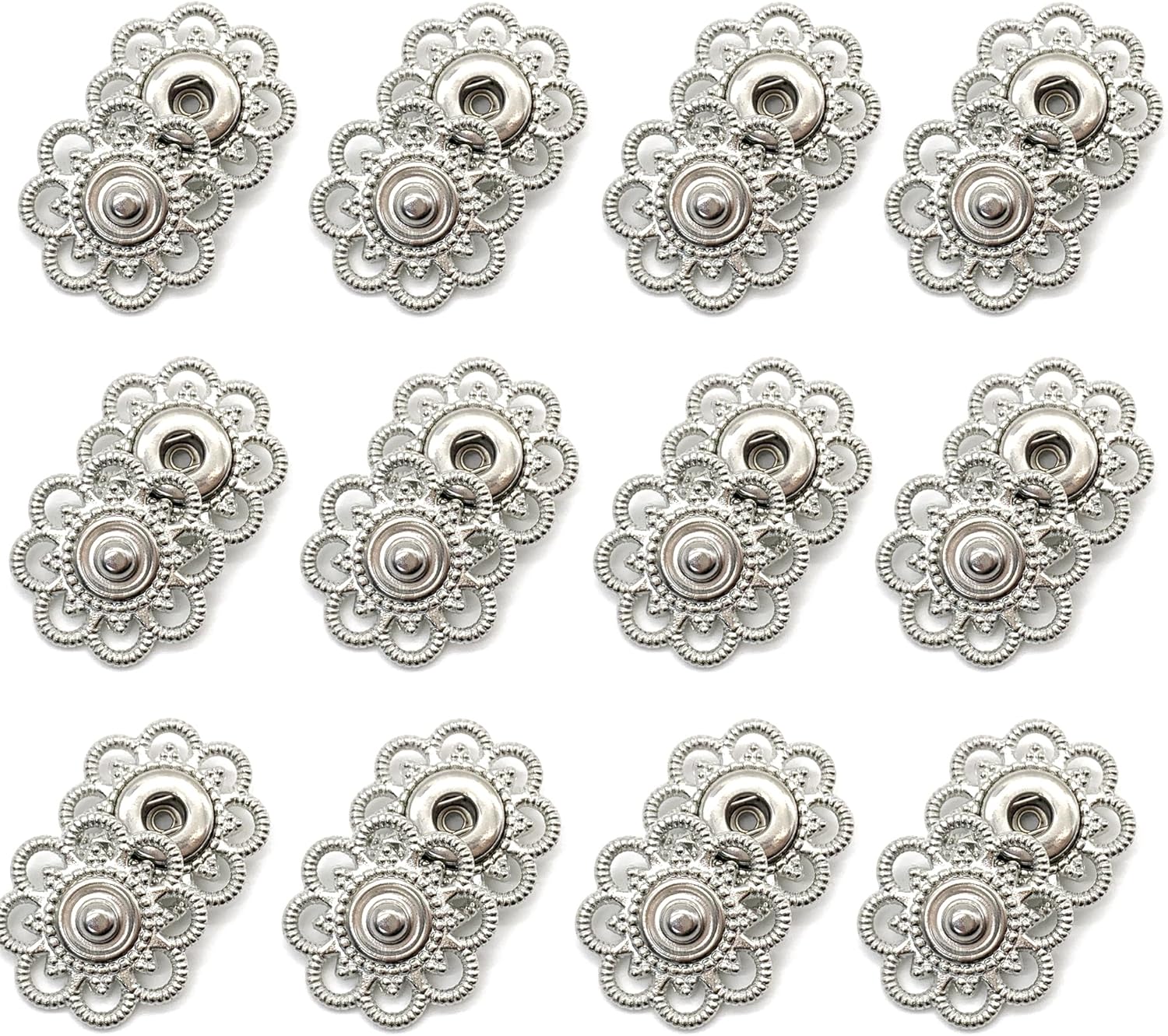 DHER 12 Pairs Metal Hollow Petal Snap Buttons, Flower Alloy Press Studs Sewing Metal Snap Buttons Invisible Coat Hidden Buttons (Silver, 21MM)