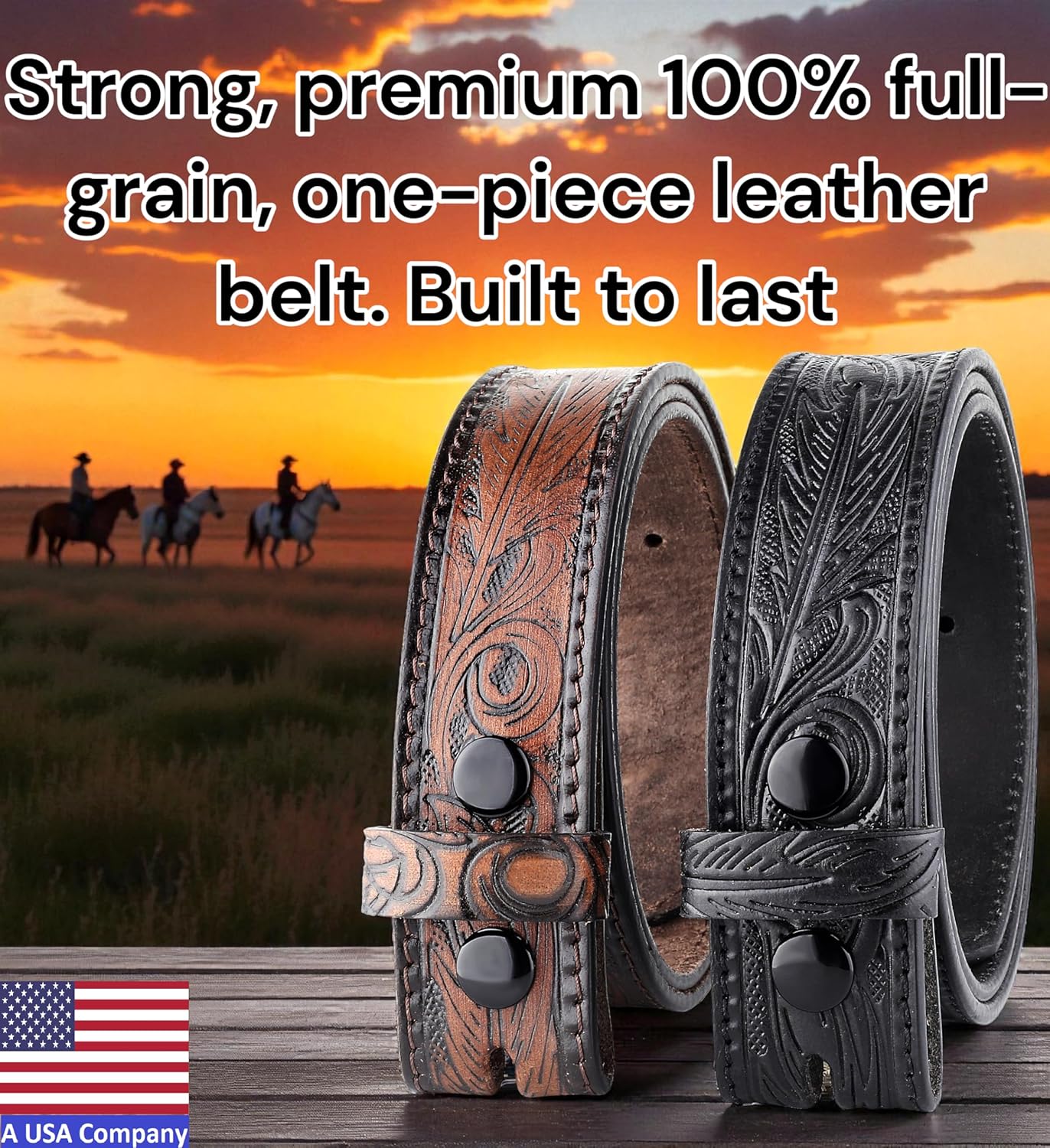 Belt without buckle for men - 100% Full Grain One Piece Leather, Western and casual belts -2 pack Cowboy Belt for Jeans,USA - Image 2