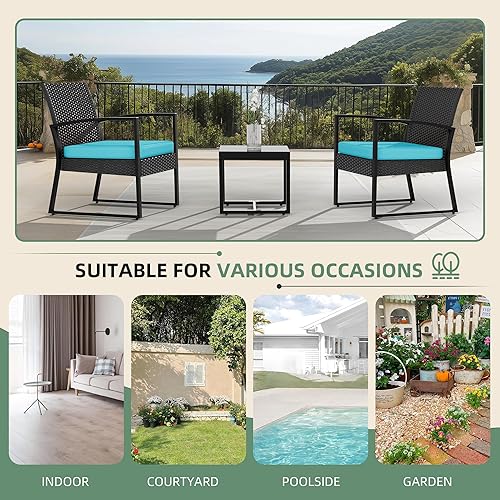 Miniatura 4 de Juego de muebles de patio de 3 piezas, sillas de mimbre con mesa auxiliar, marco de metal, para balcón al aire libre, porche