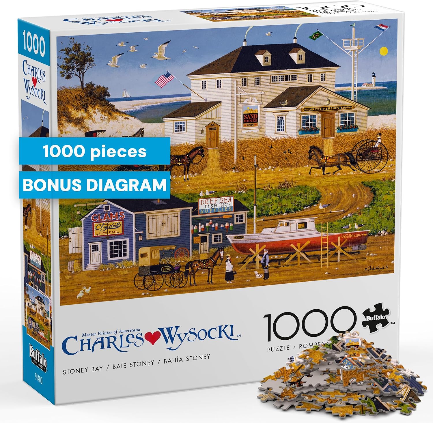 Buffalo Games - Charles Wysocki Stoney Bay - 1000 Piece Puzzle for Adults | Art by Charles Wysocki, Made in USA, Recycled Board, Finished Size 26.25 x 19.75 in, Full-Size Poster Included, Giftable