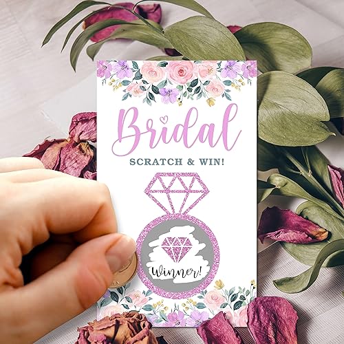 Miniatura 3 de Tarjetas de juego para raspar para despedida de soltera, boletos de lotería de rifas nupciales florales moradas, juego de fiesta para raspar para