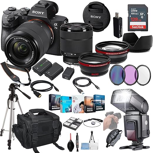 Sony a7 III Mirrorless Camera with 28-70mm Lens Bundle - ILCE7M3K/B + Prime Accessory Package Including 128GB Memory, TTL Flash, Replacement Battery, Editing Software Package, Auxiliary Lenses & More
