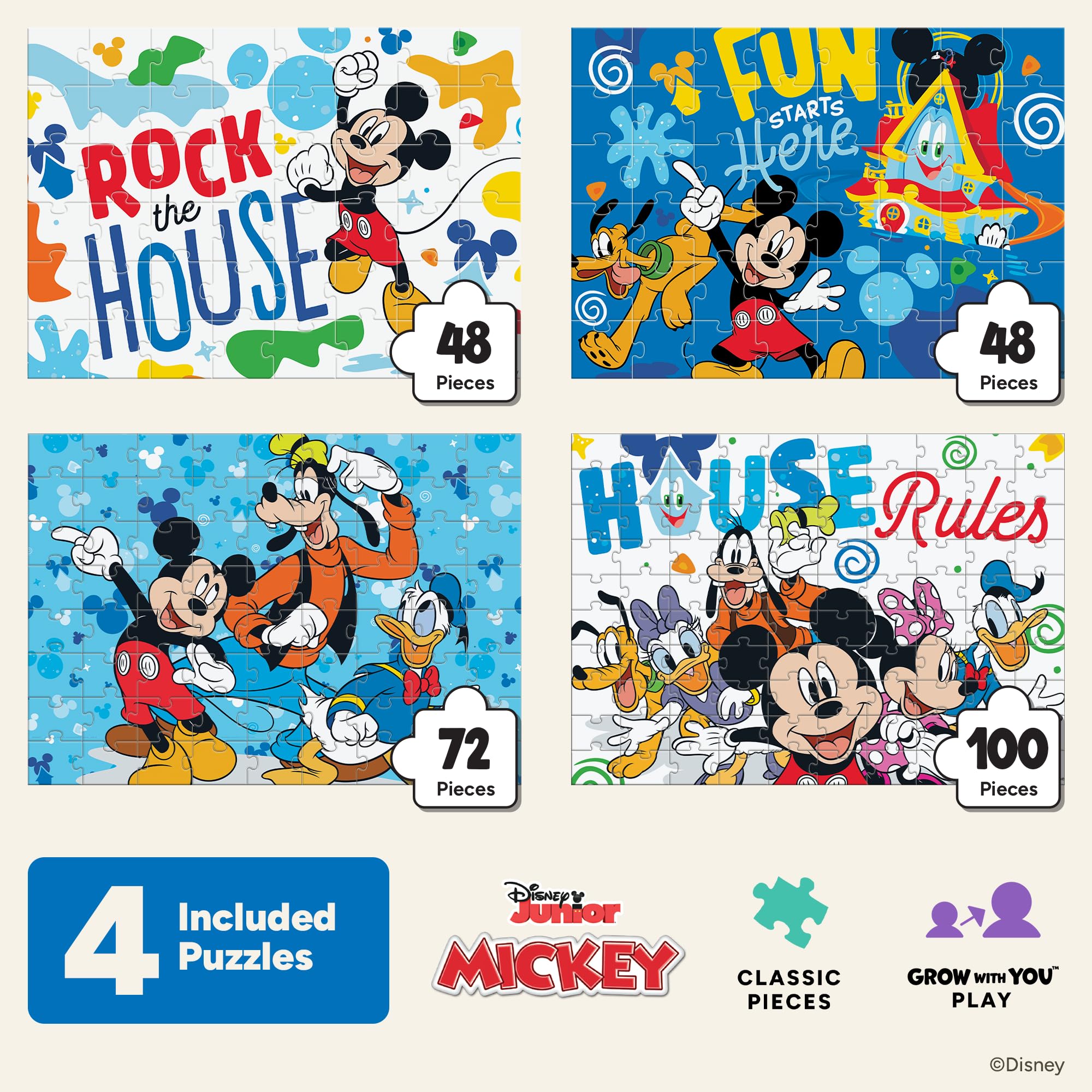Ceaco - Disney - Mickey's Clubhouse - Multipack 4 x 1 para niños - Rompecabezas atractivo perfecto para noches de juegos - Tamaño terminado varía