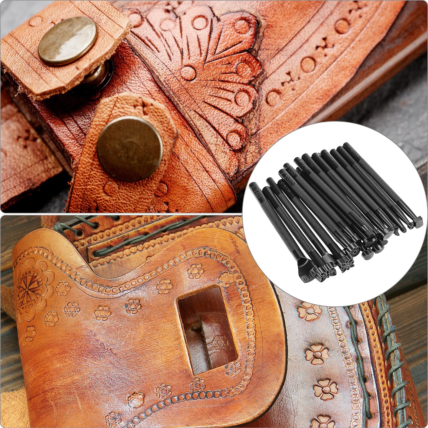 QWORK Strumenti per timbratura in pelle, kit per timbratura in pelle con 20 modelli, strumenti per timbratura in pelle, set di punzonatura a sella di diverse forme, kit per intaglio in pelle