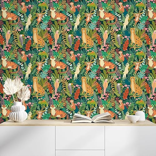 Miniatura 7 de CHIHUT Papel tapiz de animales de la selva de 17.7 x 100 pulgadas, papel tapiz removible para niños, papel tapiz de leopardo y pájaro de leopardo,