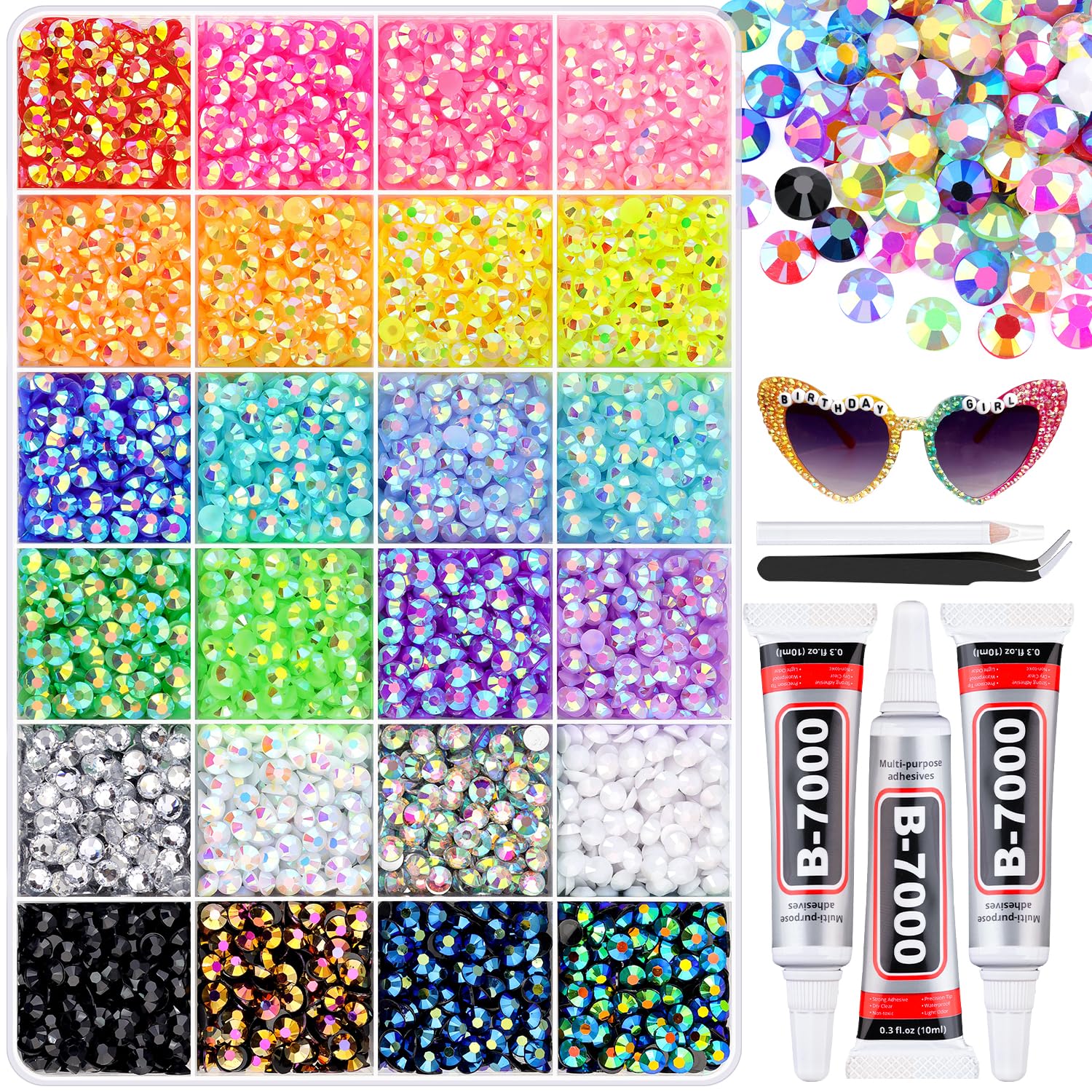 BELLEBOOST8500Pcs Resin Rhinestones for Bedazzling with B7000 Jewelry Glue, 5MM Colorful Gems Flatback Rhinestones for Crafting, Crystal for DIY Crafts Clothing Tumblers Mugs Shoes Fabric Decor Nail Art