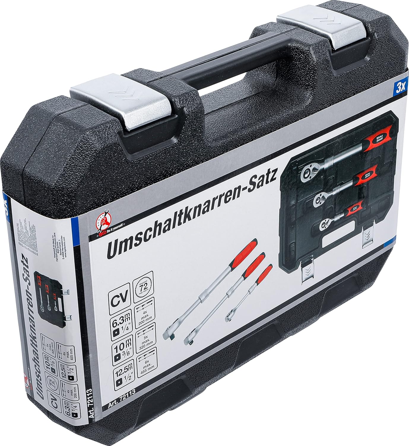 BGS DIY 72113 Reversible Ratchet Set Extendible Output Square 6.3 mm (1/4 inch) - 10 mm (3/8 inch) - 12.5 mm (1/2 inch) | 3-Piece