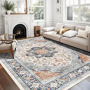 vivorug 8x10 Area Rugs for Living Room, Non-Slip Backing Washable Rug 8x10, Large Area Rug Soft Carpet for Bedroom Dining Room, Vintage, Easy Clean, Durable, Low Pile Rug Orange/Navy