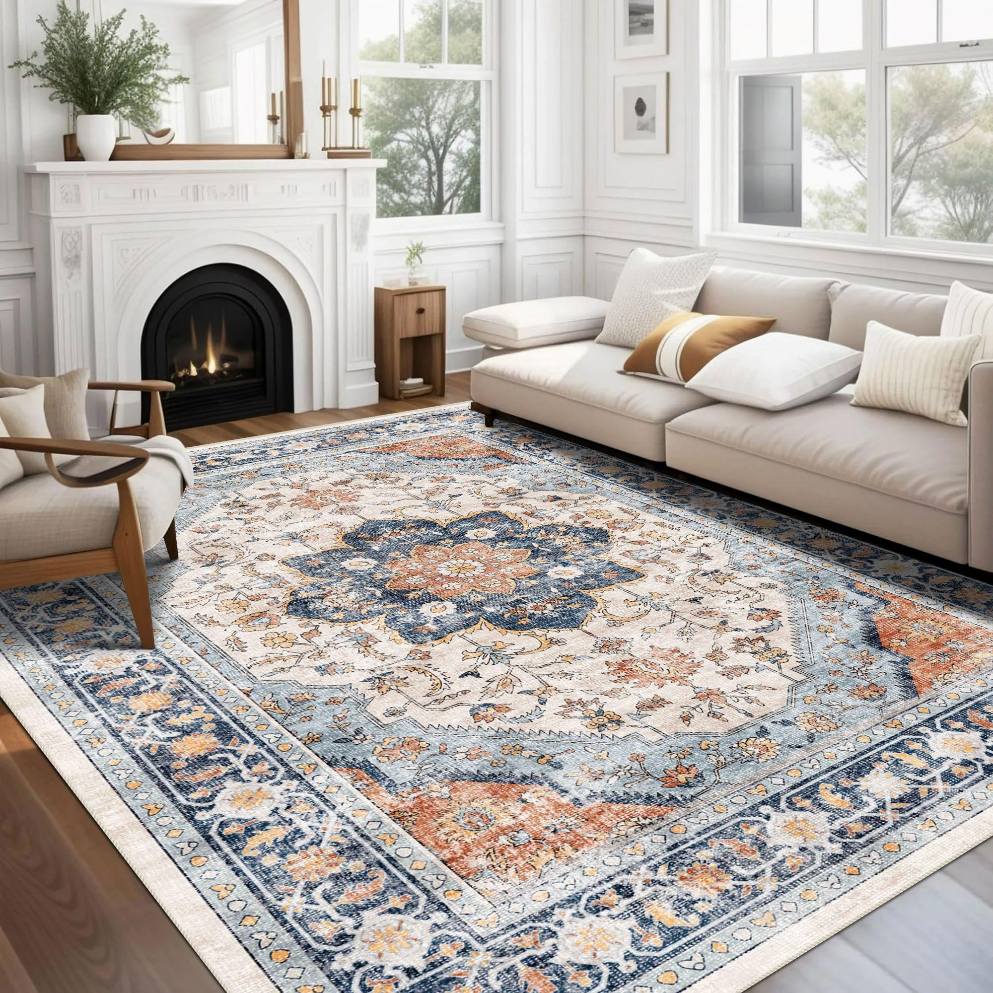 vivorug 4x6 Rug, Boho Small Area Rug for Living Room, Bedroom, Kitchen, Machine Washable Non-Slip Throw Rug, Vintage Floral Carpet for Entryway