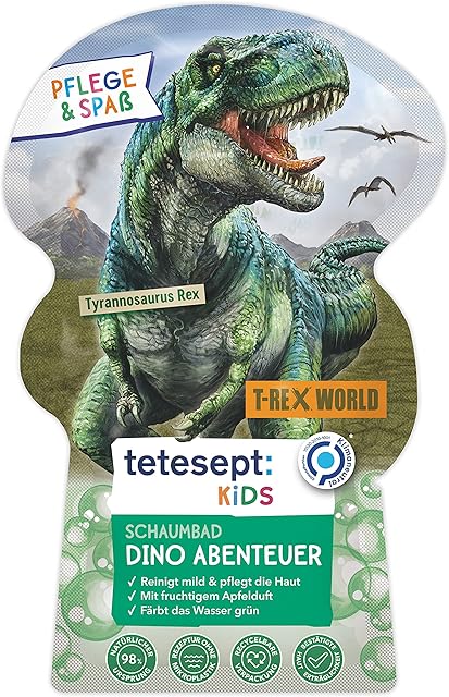 tetesept Kids Bubble Bath Dino Adventure with Fruity Apple Scent and Nourishing Aloe Vera - Dino-Powerful T-Rex World Children's Bath Fun with Bath Foam and Green Water - 1 x 40 ml