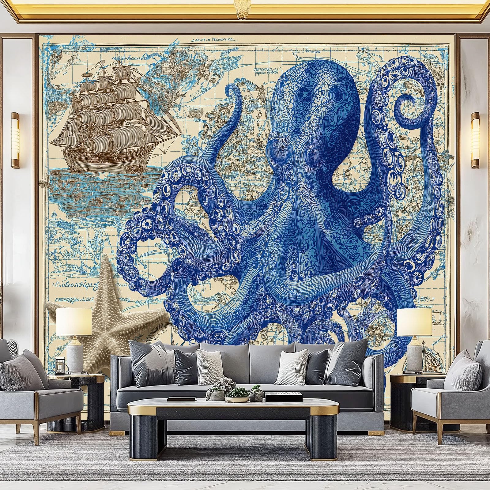 Tapeta ścienna 350 x 256 cm do salonu sypialnia kuchnia - Design z ilustracją morską ośmiornica mapa - łatwa w montażu, drukowana w wysokiej rozdzielczości, wodoodporna i łatwa do czyszczenia