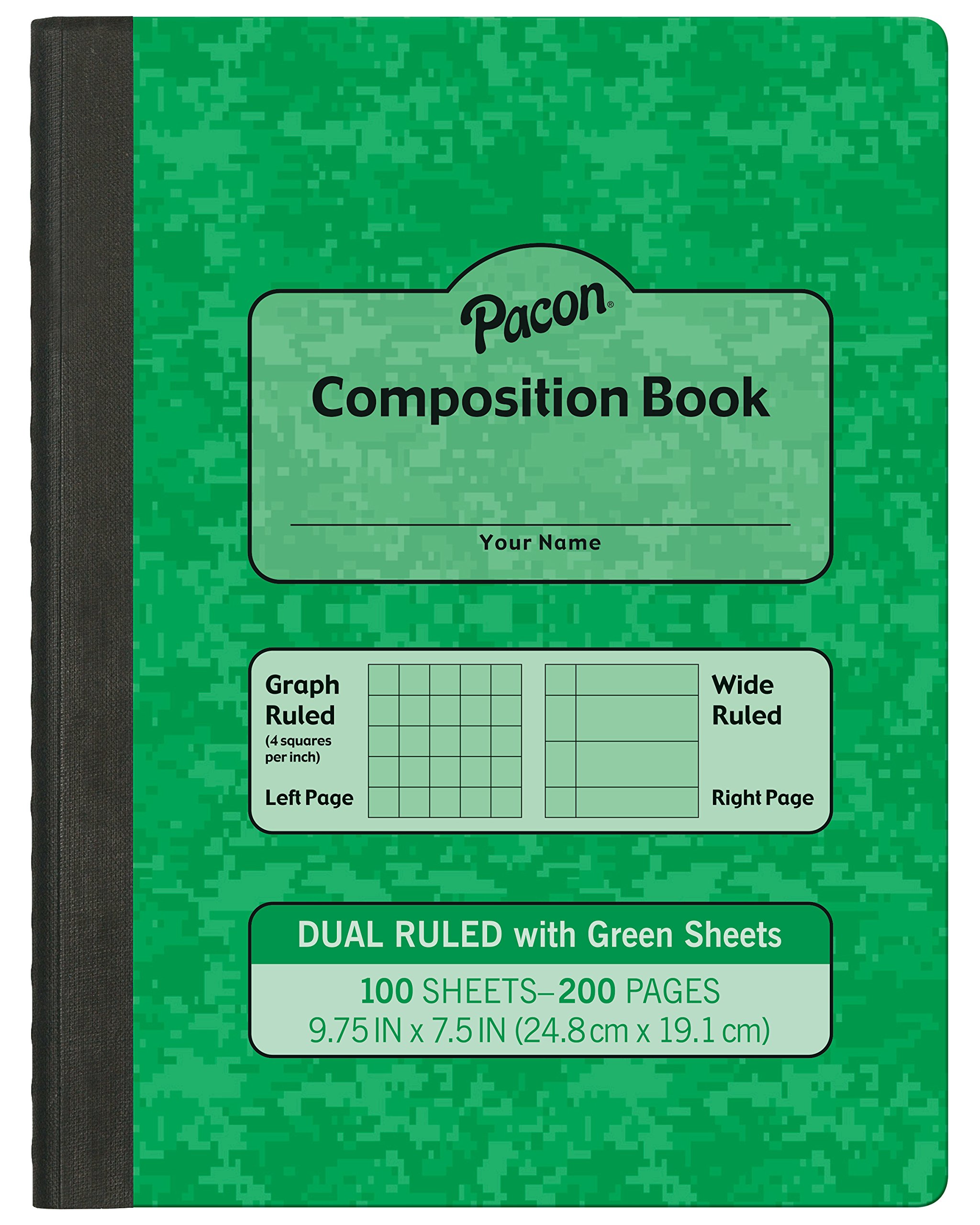 Pacon Dual Ruled Composition Book, Green, 1/4" Grid & 3/8" Wide Ruled 9-3 /4" x 7-1/2", 100 Sheets