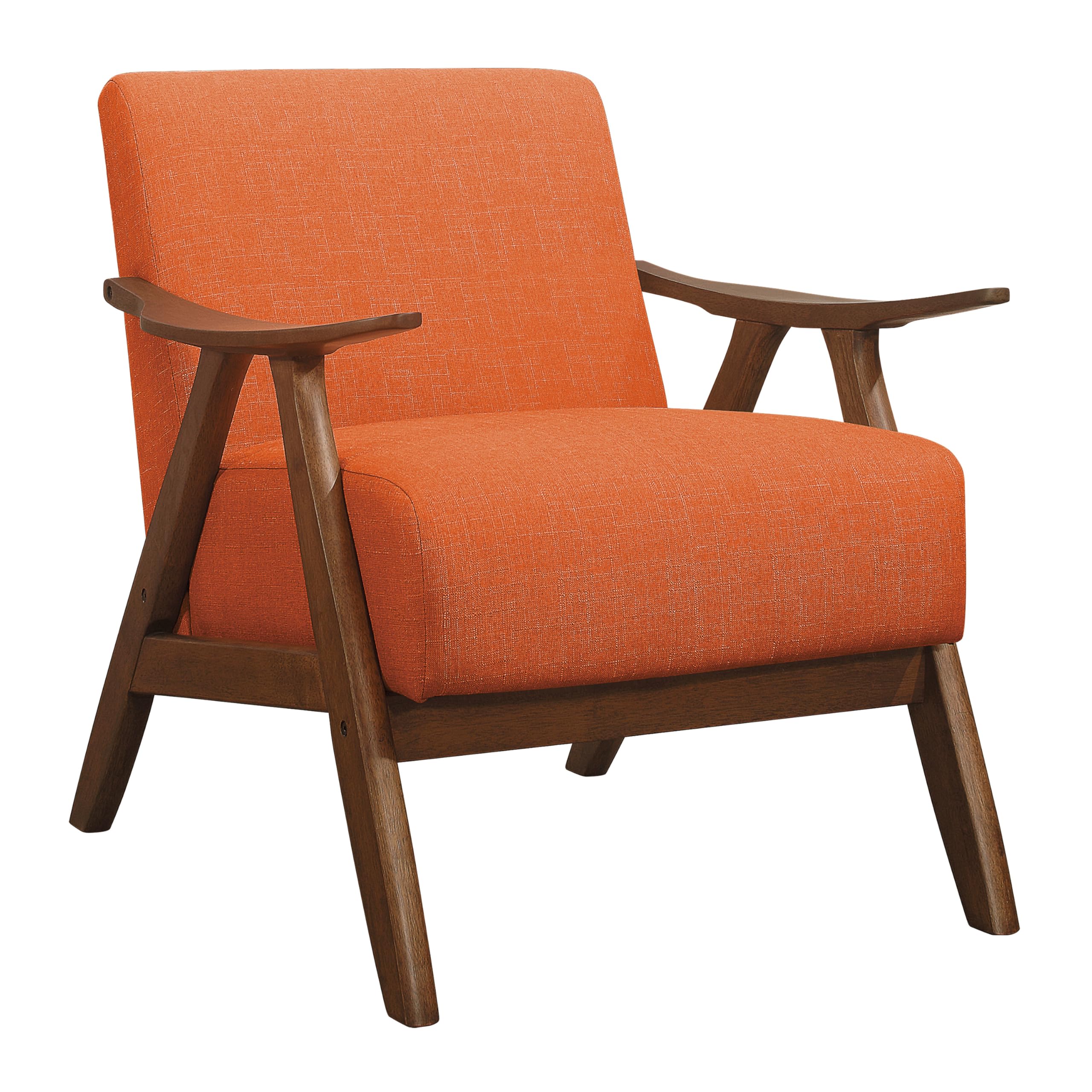 Mid Century Modern Accent Chair with Solid Wood Frame in Walnut Finish, Upholstered Living Room Lounge Arm Chair, Thick and Comfy Innerspring Seat Cushion, Linen-Look Fabric, Orange