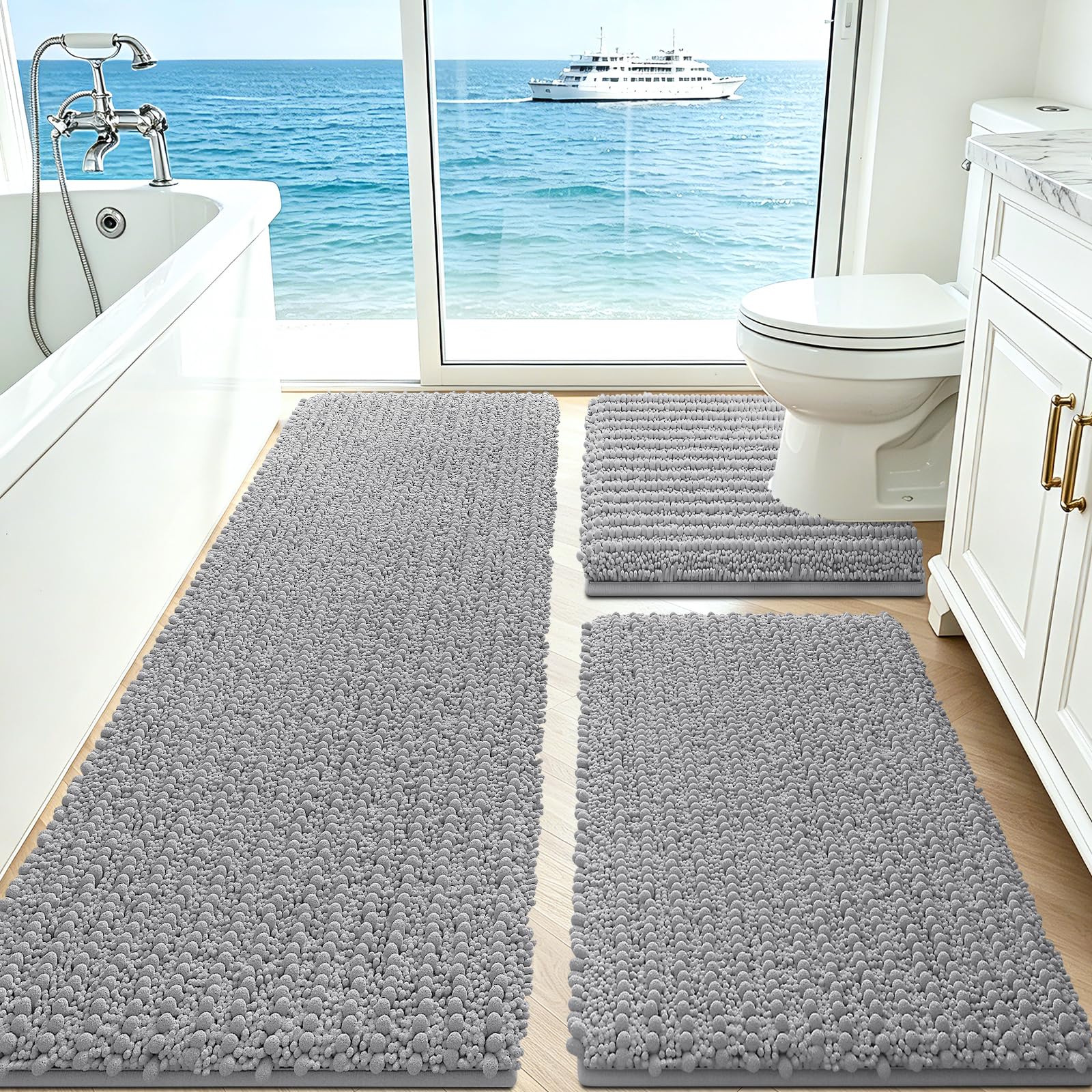 ACCUMTEK Upgrade Extra Large Light Grey Bathroom Rug Set 3 Pieces Gray Ultra Soft, Thick Absorbent Bath Mats, Non Slip Chenille Toilet Mat for Bathroom, Bedroom, Kitchen