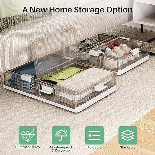 Miniatura 9 de Kitstorack Paquete de 2 contenedores de almacenamiento de plástico debajo de la cama con tapas y 8 ruedas preinstaladas, caja rodante bajo Rrofile