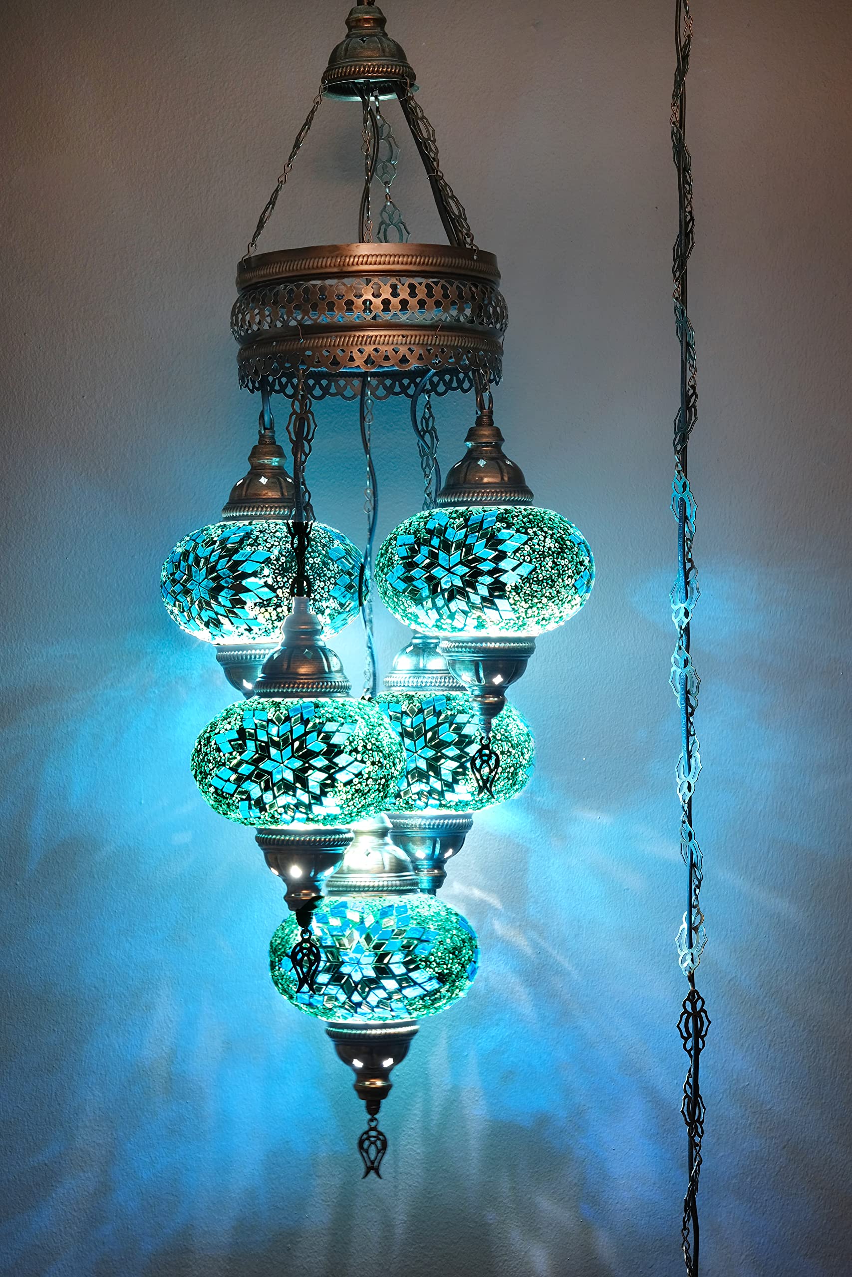 5 Globe Turkish Pendant Ligting, Mosaic Turkish Moroccan Hanging Lamp, Ceiling Decorative Dining Lamp, 3 Feet Height 7 inch Globes (Turquoise)