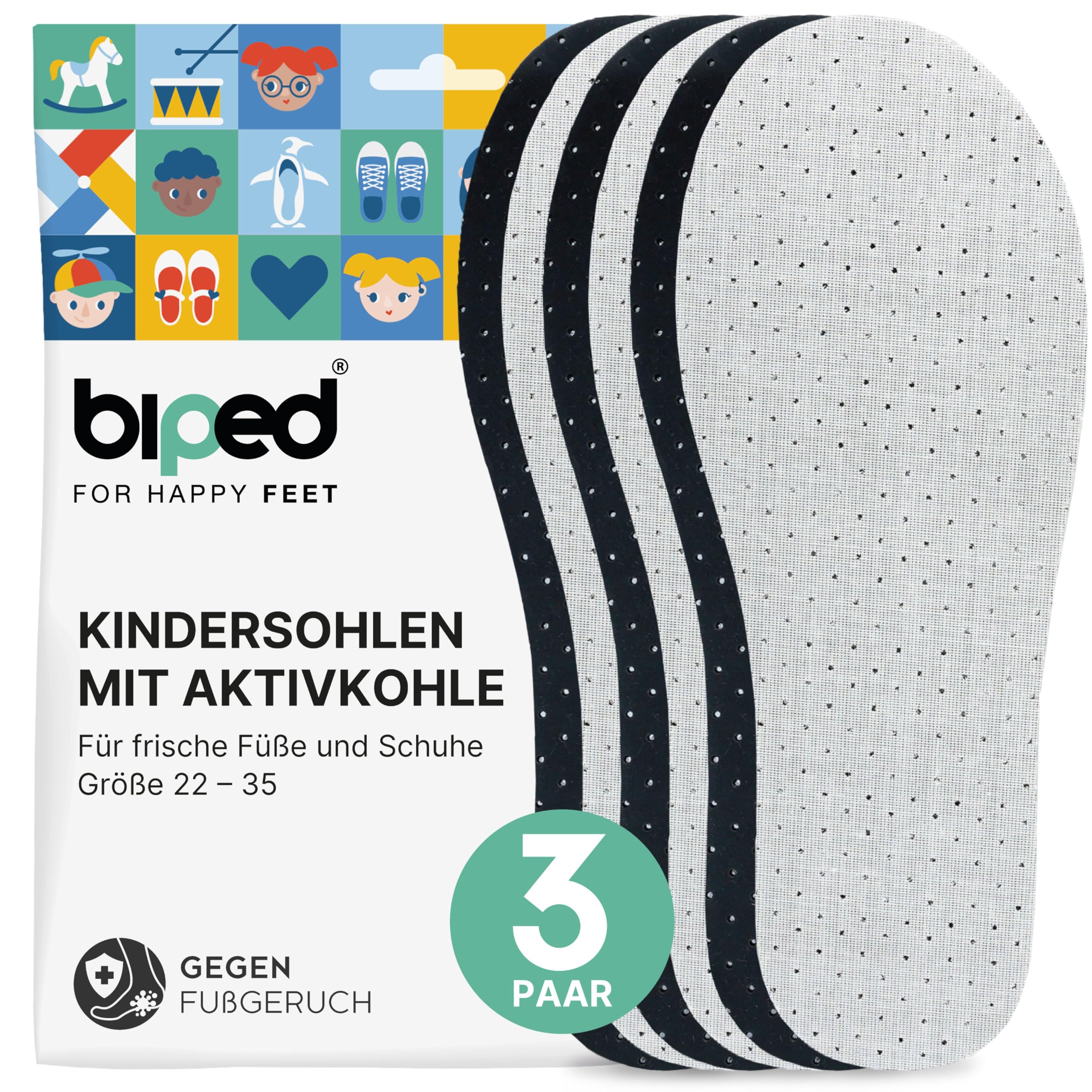biped 3 Paar Kinder Aktivkohle Einlegesohlen - Sohlen gegen Schweißfüße und Fuß Geruch - Weiche Latexschaum Schuheinlagen - Für hygienisch frische Schuhe und Füße z2768(26-27)