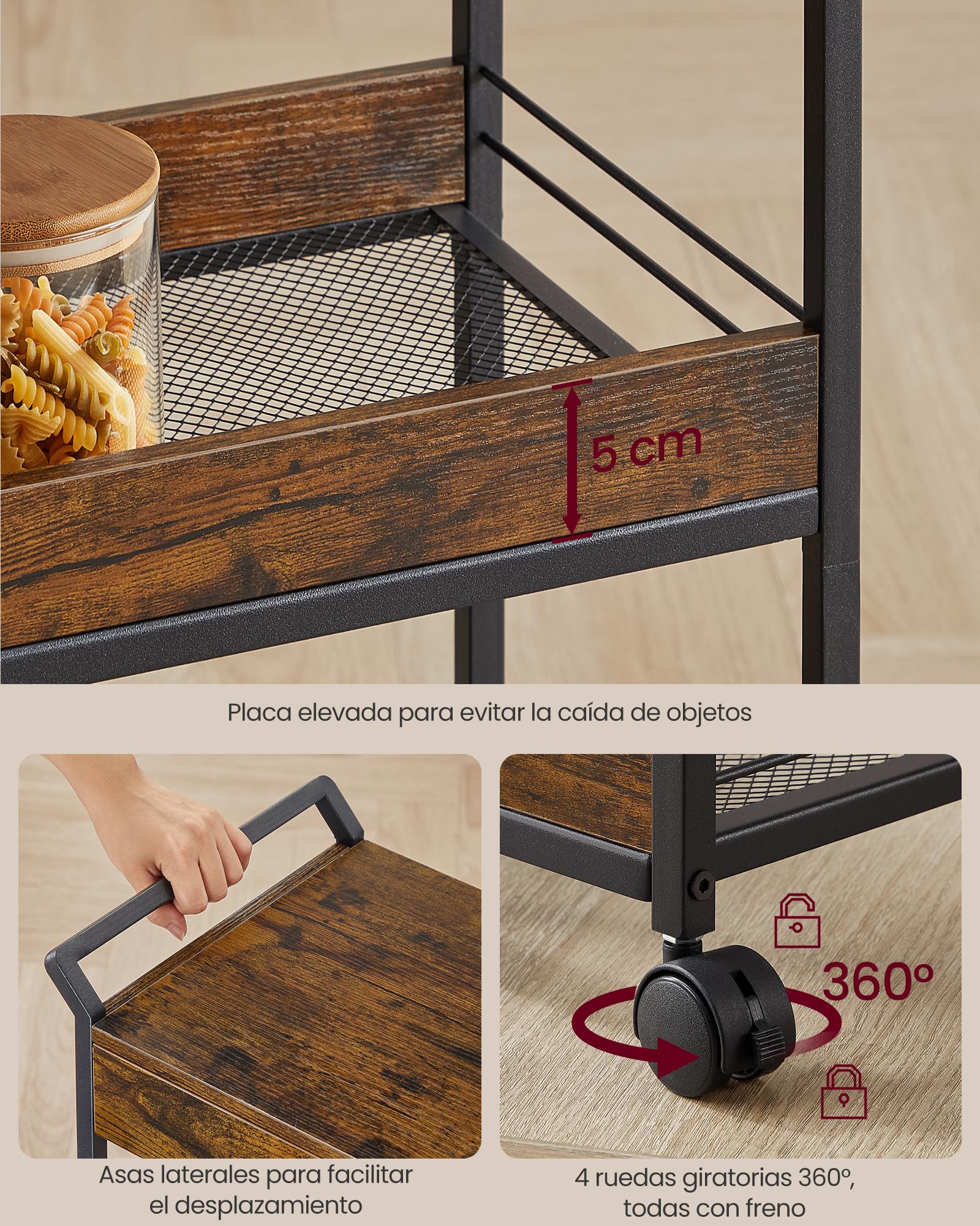 VASAGLE Carro de Almacenamiento, Carro Rodante de 3 Niveles, Aglomerado, con Freno, Cajón Superior, Estantes, para Cocina, Baño, Dormitorio, Marrón Rústico y Negro Tinta LRC048K01
