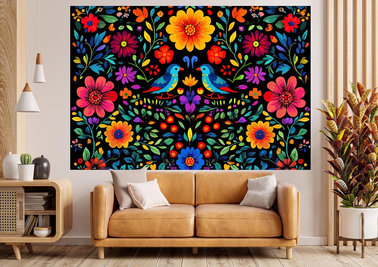 Mexico Floral Tapestry Colorful Boho Flowers Bird Mexican Ethnic Pastel Plant Traditional Aesthetic Tapestry Bedroom Retro Style Aesthetic Wall Art Tapestry Wall Hanging 80X60 Inch