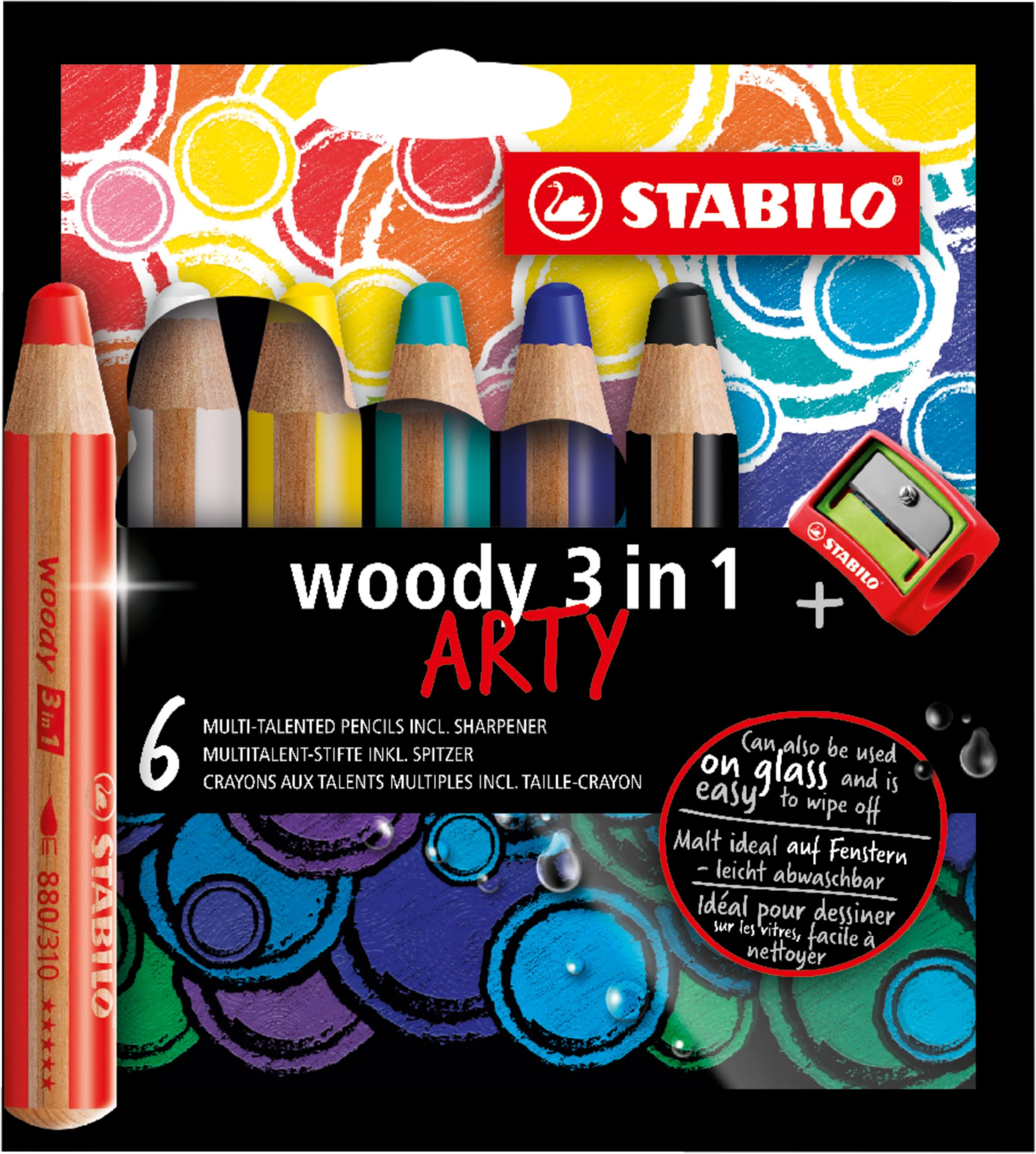 Multi-Talented Pencil - woody 3 in 1 ARTY Wallet of 6 Assorted Colours + Sharpener
