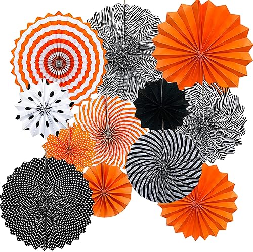 Kuailaihai 12 abanicos de papel colgante negro y naranja para decoración de fiesta de otoño, cumpleaños, fiesta, Halloween, cinco de mayo, carnaval