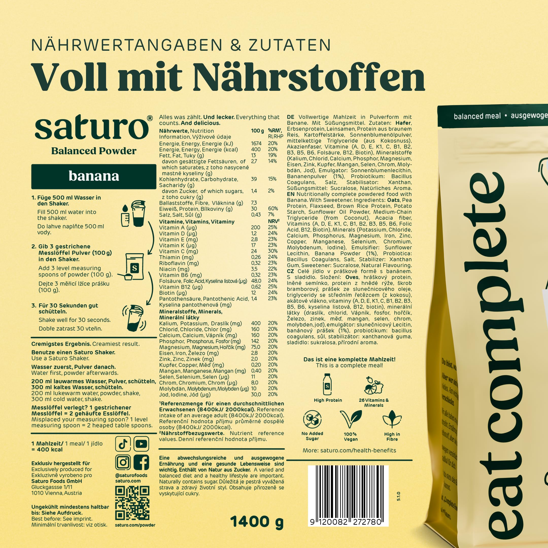 Saturo Trinkmahlzeit - Vegane Trinknahrung als Mahlzeitersatz - Banana | Blanced Powder mit reichlich Protein & 5600 kcal | Pulver mit wertvollen Nährstoffen | 14 Shakes, 1,4kg