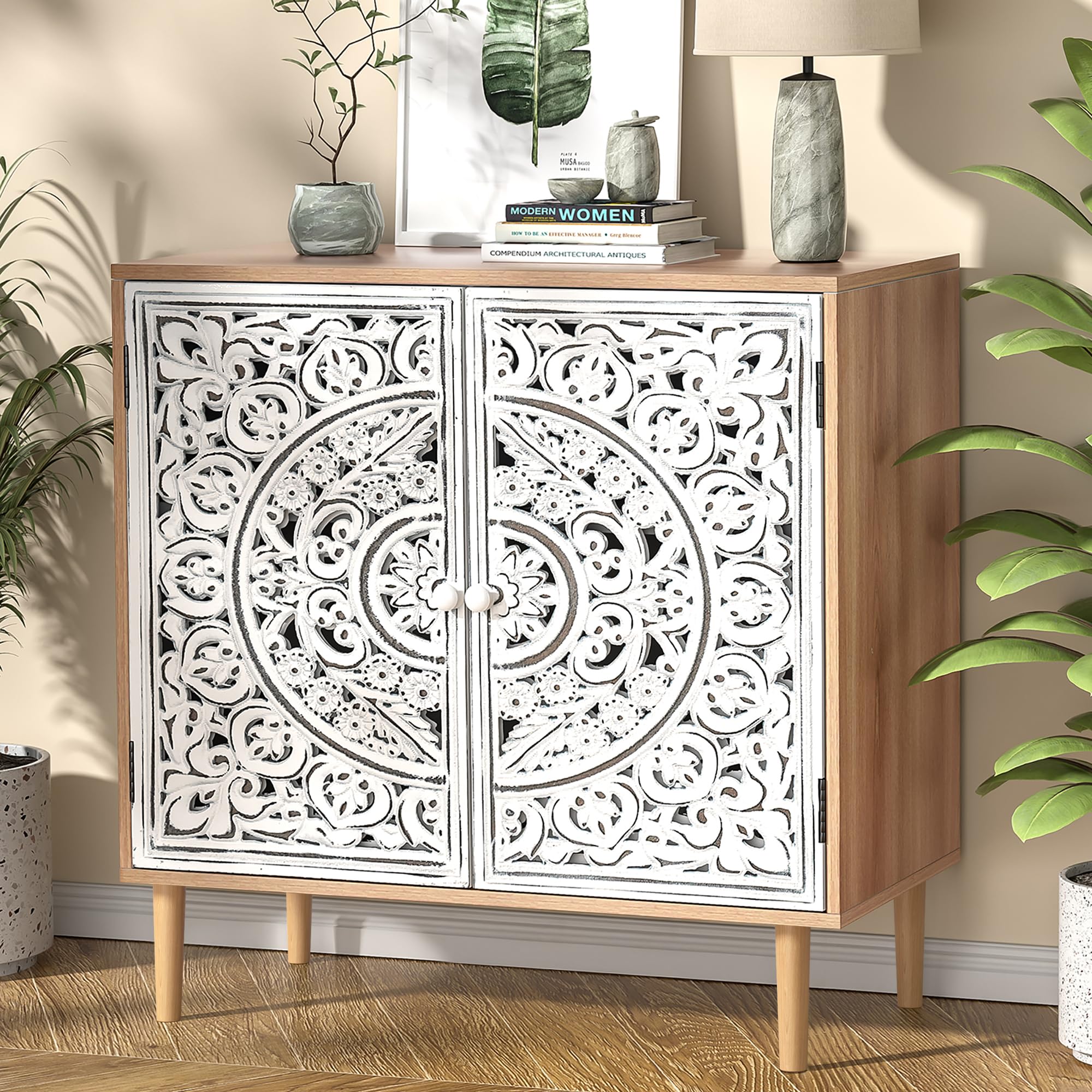 Buffet Bois Sculpté, Meuble de Rangement Cuisine Bas, Meuble Bas avec Pieds en Bois Massif, Étagères Réglables, Armoire de Rangement pour Salon, Cuisine, Chambre, Blanc