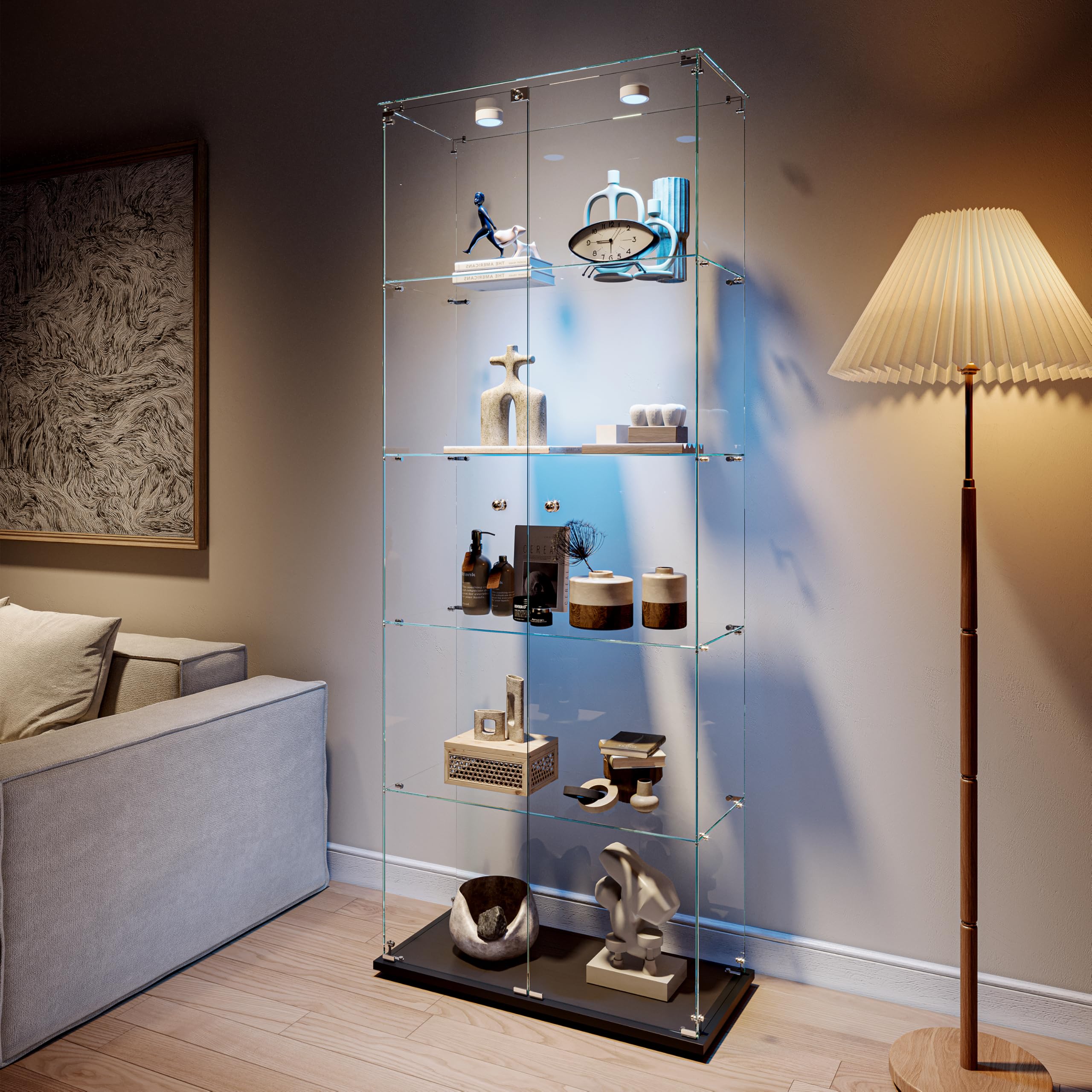 Vitrina de cristal con 2 puertas 5 estantería, mueble vitrina de cristal LED con cerradura, armario de cristal, vitrina de cristal con portavitrinas a pie para colecciónescaparate columna