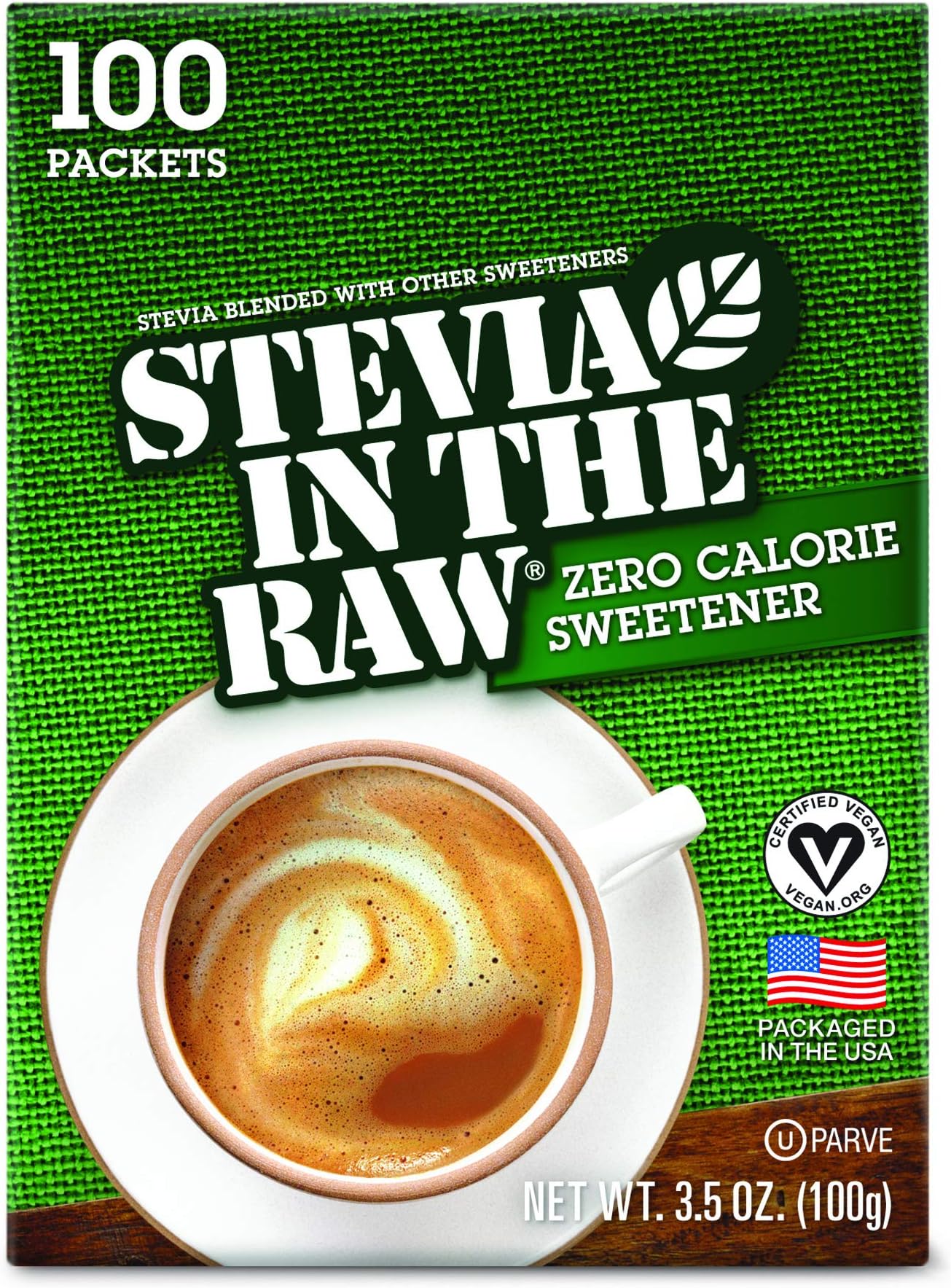 Stevia In The Raw, Plant Based Zero Calorie, No Erythritol, Sugar Substitute, Sugar-Free Sweetener for Coffee, Hot & Cold Drinks, Suitable For Diabetics, Vegan, Gluten-Free, 100Count Packets (1 Pack)