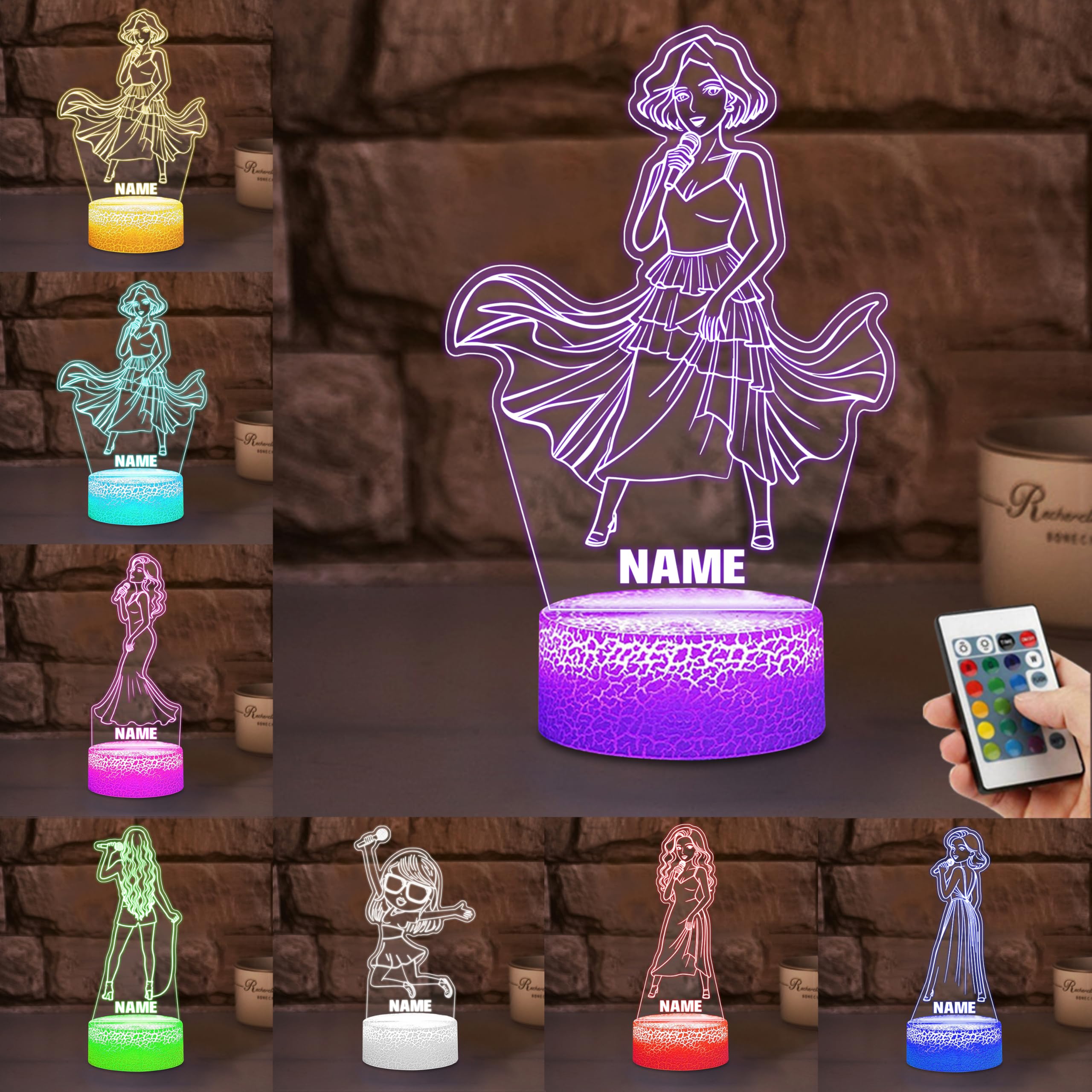Personalized Singing Girl 3D Illusion Night Light Custom Name Singing Girl LED Lamp with Multiple Colors Changing, Musical Decoration for Bedroom Living Room, Gifts for Music Lovers