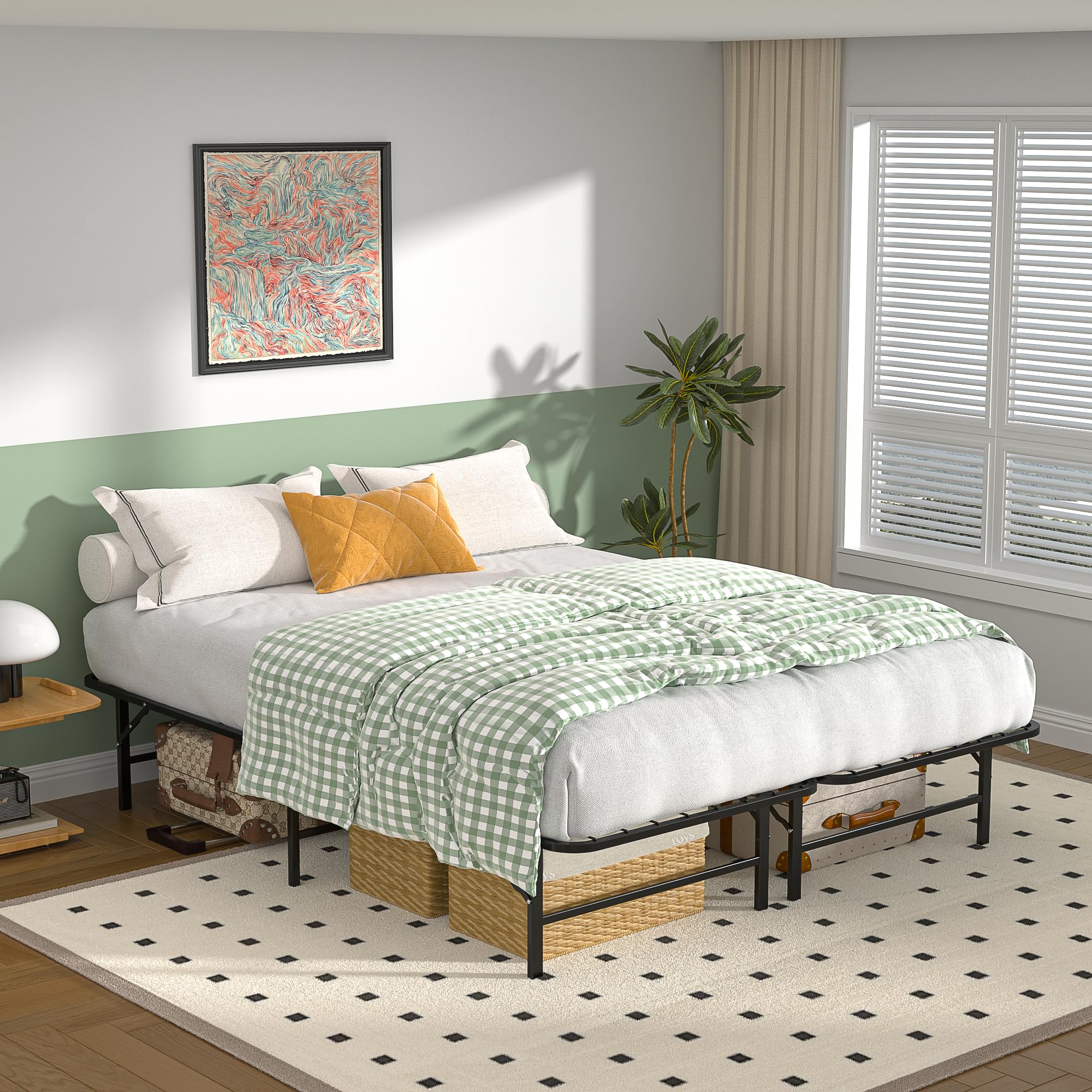 VECELO Metal Bed Frame Foldable, Tool Free Setup, 14 Inch High Suit for Under Bed Storage, Support Up to 880Ibs, Ideal for Small Apartments, Guest Rooms, Queen, Black