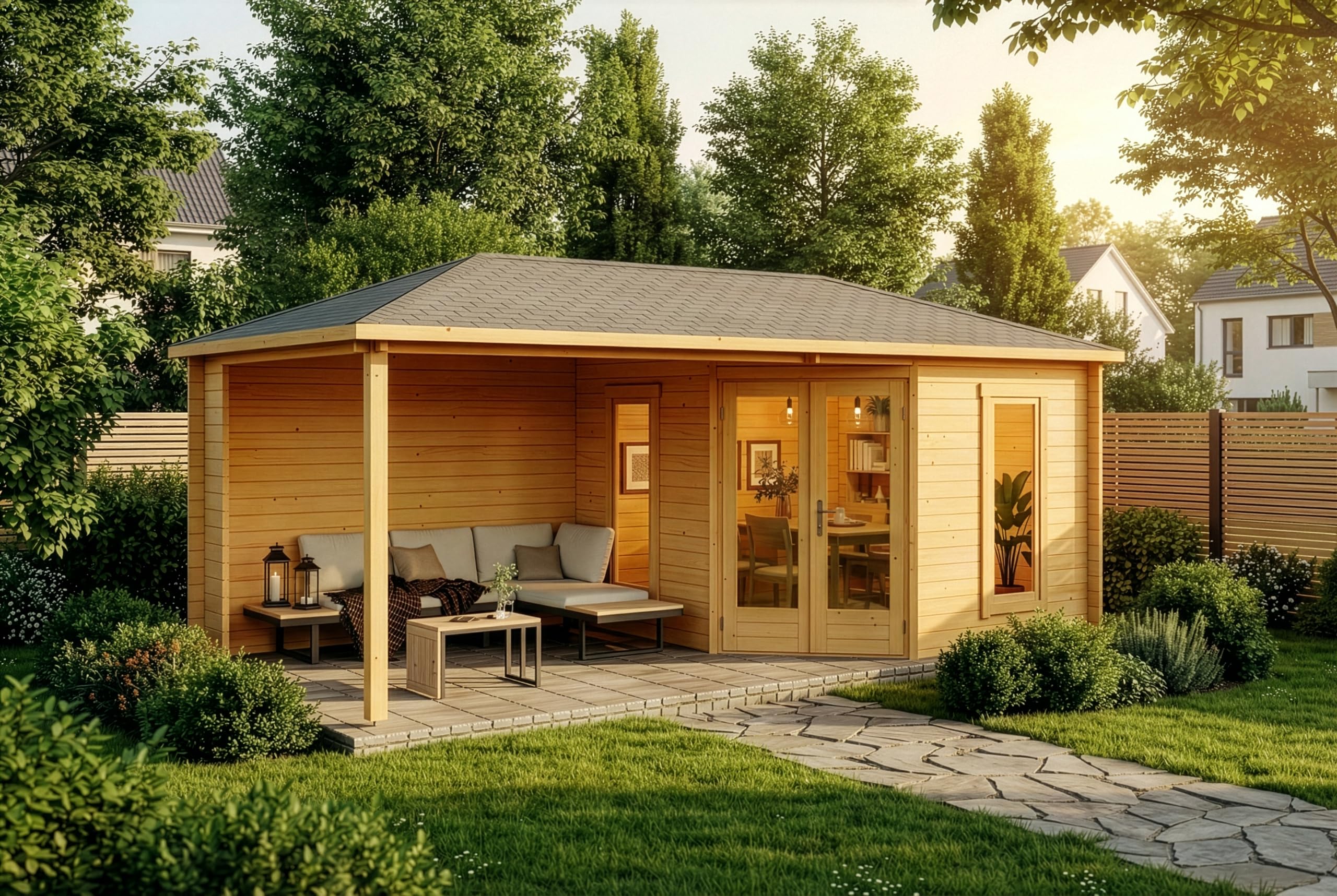 Alpholz 5-Eck Gartenhaus Liwa aus Holz in imprägniert Pinie mit 40mm Wandstärke und Walmdach, Größe: 595 x 300 cm