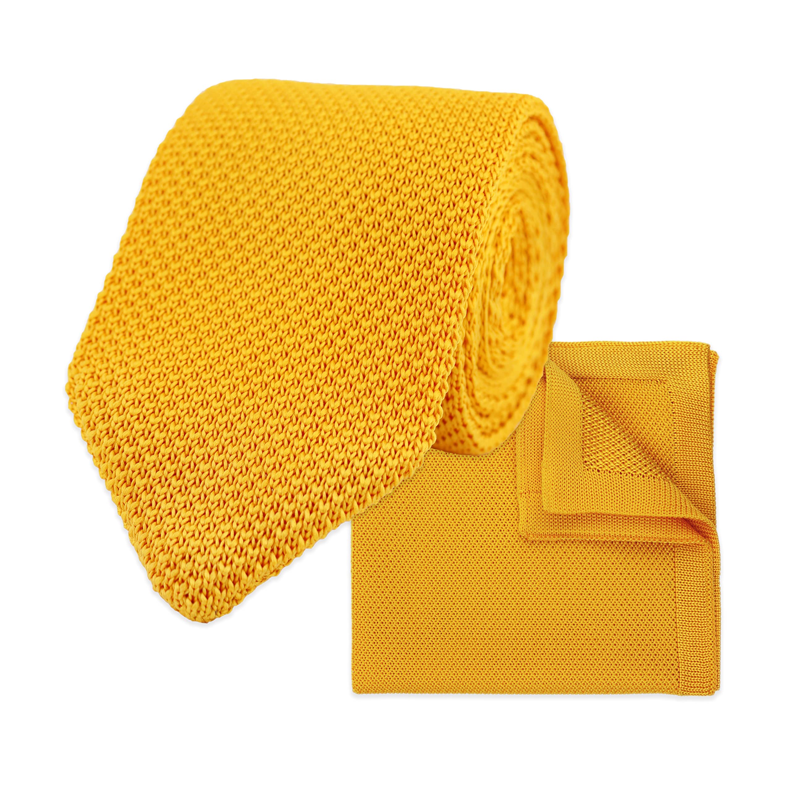 THE GENTS LAB 100% Polyester Knitted Tie & Pocket Square Sets - Many Colours (Mustard Yellow)