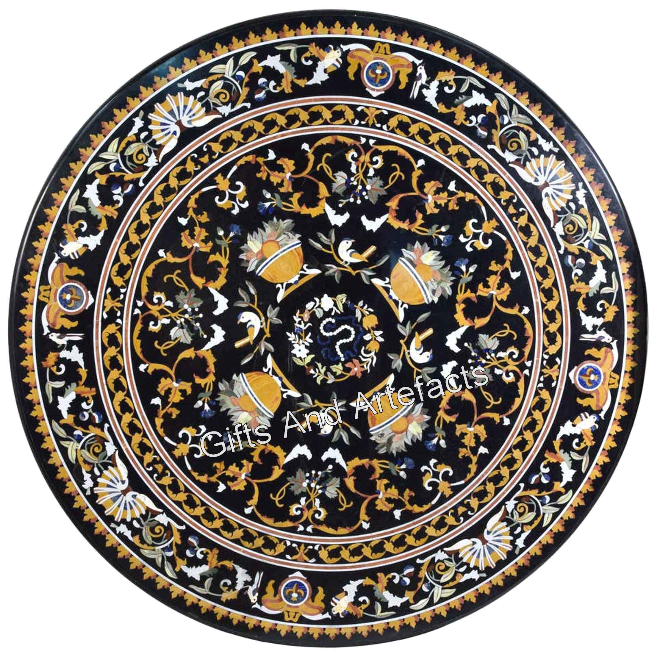 Table à Manger Ronde En Marbre Noir Incrustation Mosaïque – Inde, 2 Pieds