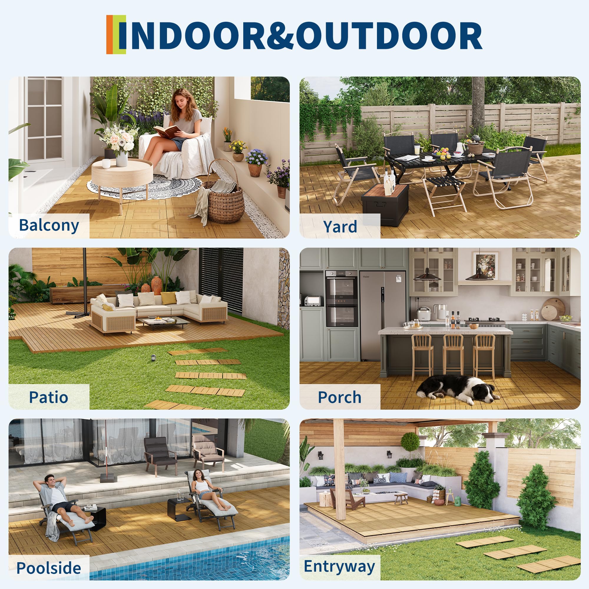 Zstar Dalles emboîtables en bois d’acacia massif – Revêtement de sol imperméable, antidérapant pour balcon, terrasse, jardin, piscine – Installation facile, finition jaune, 33 pièces, 30x30 cm,
